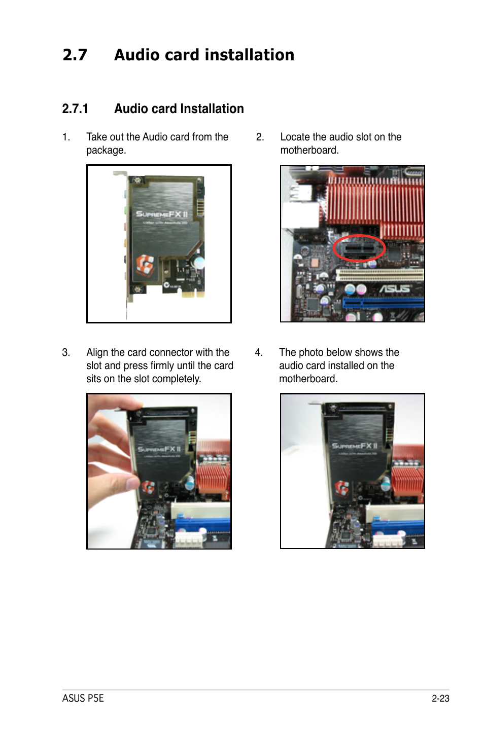 7 audio card installation | Asus P5E User Manual | Page 49 / 174