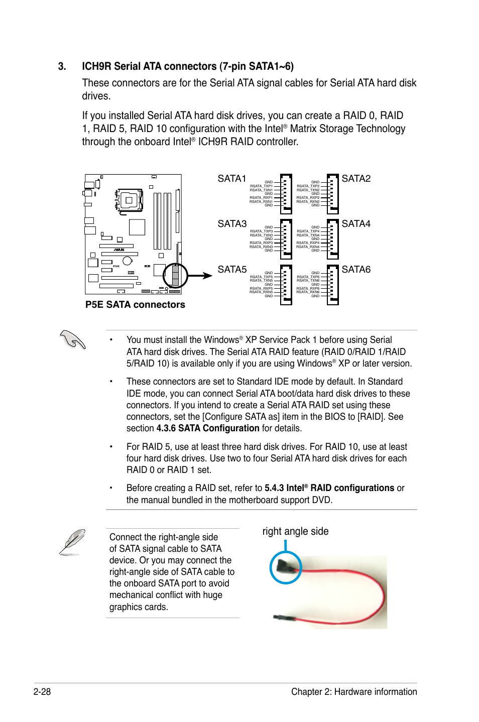 Ich9r raid controller, Right angle side, 28 chapter 2: hardware information | You must install the windows, P5e sata connectors, Sata1, Sata2, Sata3, Sata4, Sata5 | Asus P5E User Manual | Page 54 / 174