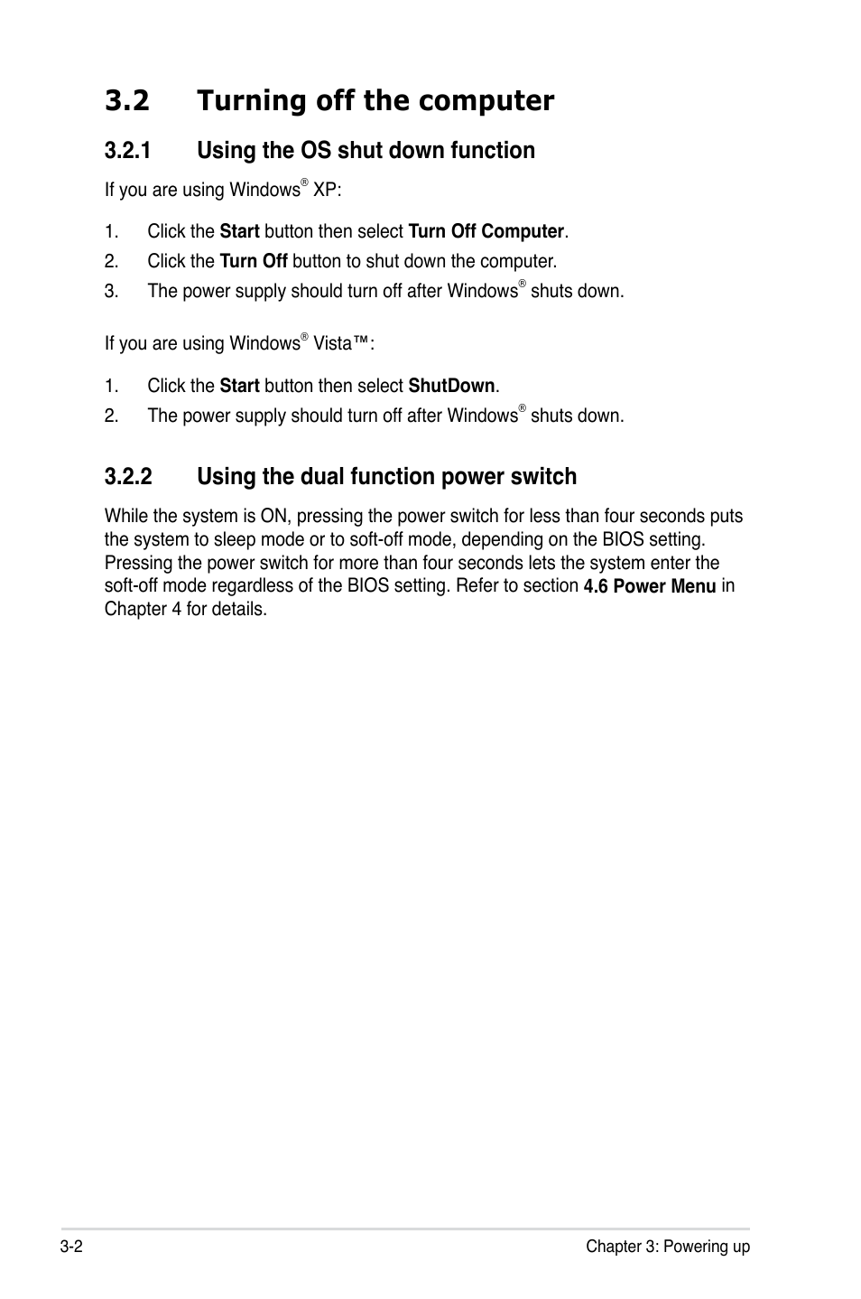 2 turning off the computer, 1 using the os shut down function, 2 using the dual function power switch | Asus P5E User Manual | Page 64 / 174