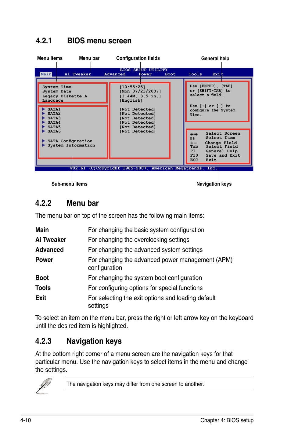 2 menu bar, 3 navigation keys, 1 bios menu screen | Asus P5E User Manual | Page 76 / 174