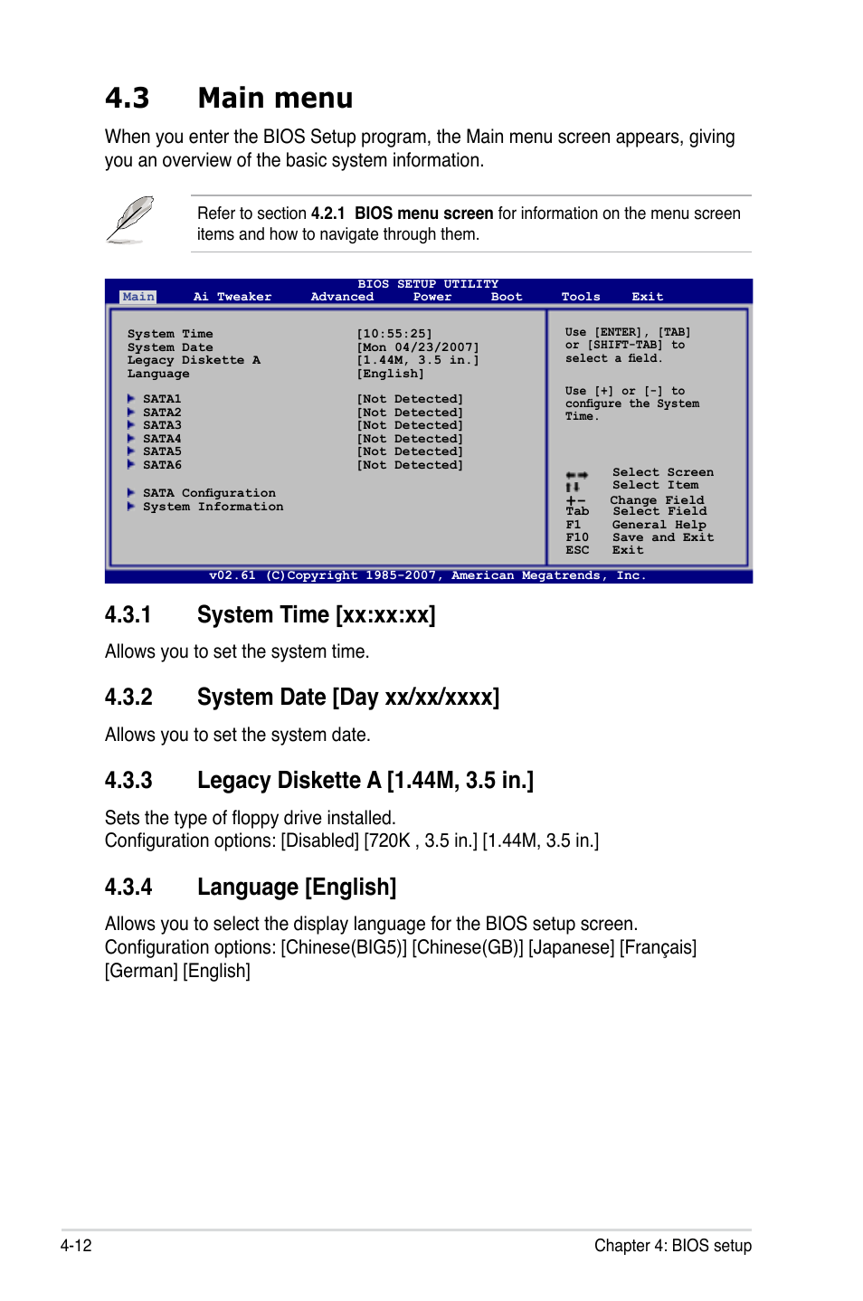 3 main menu, 1 system time [xx:xx:xx, 4 language [english | Allows you to set the system time, Allows you to set the system date | Asus P5E User Manual | Page 78 / 174