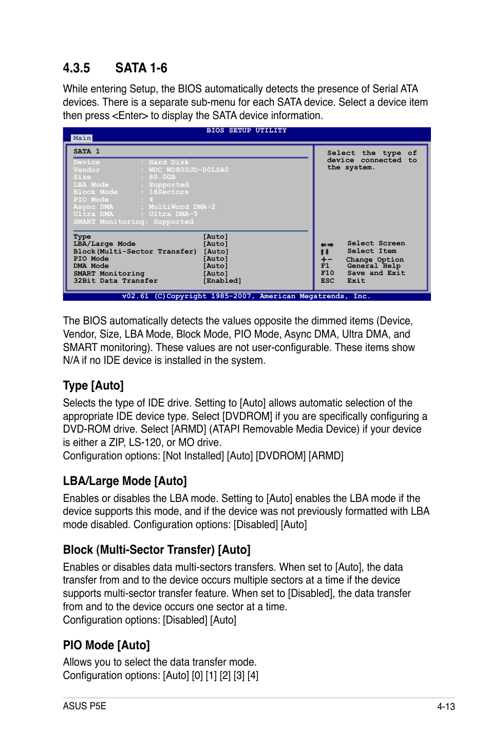 5 sata 1-6, Type [auto, Lba/large mode [auto | Block (multi-sector transfer) [auto, Pio mode [auto | Asus P5E User Manual | Page 79 / 174