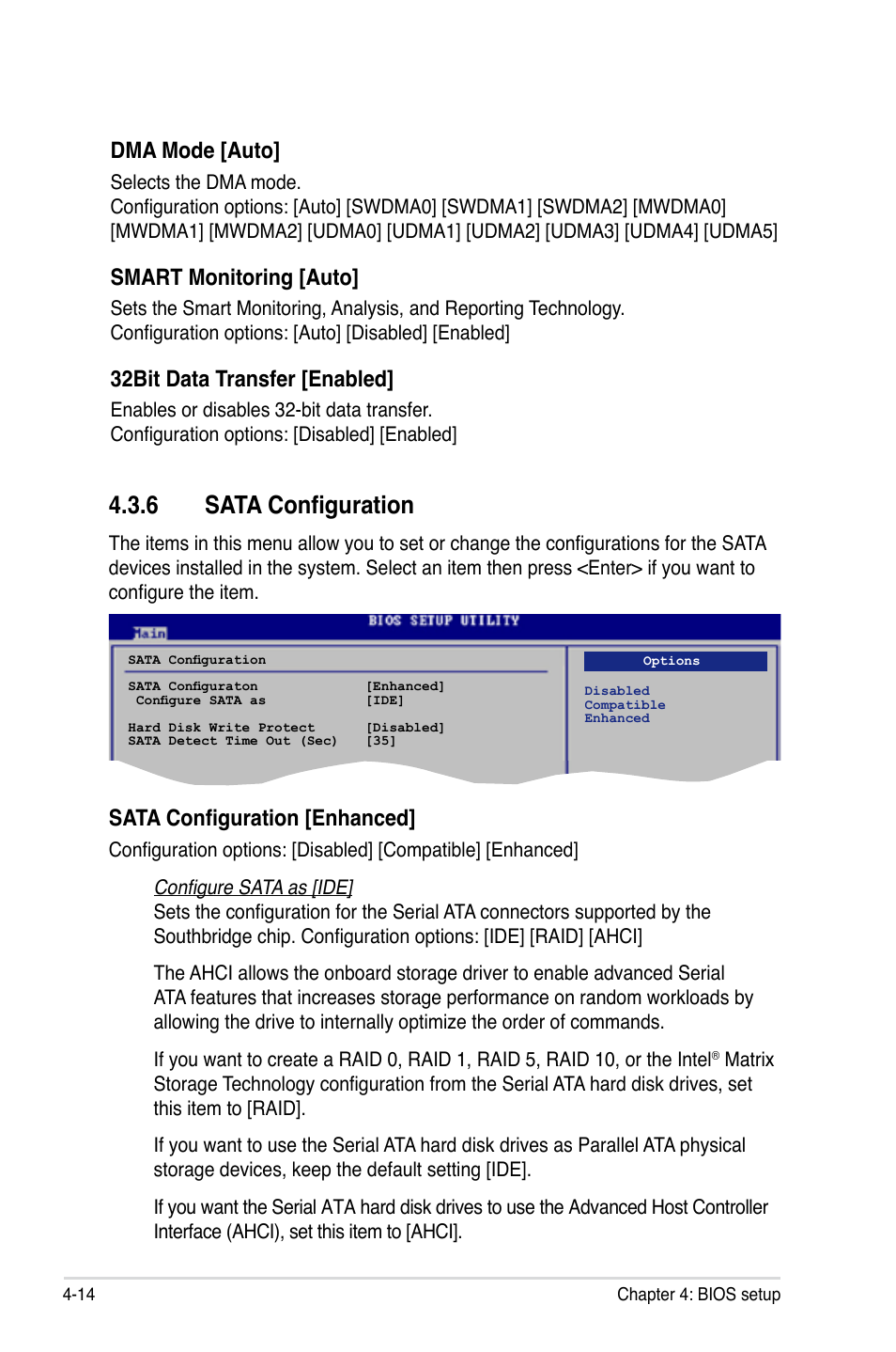 6 sata configuration, Dma mode [auto, Smart monitoring [auto | 32bit data transfer [enabled, Sata configuration [enhanced | Asus P5E User Manual | Page 80 / 174