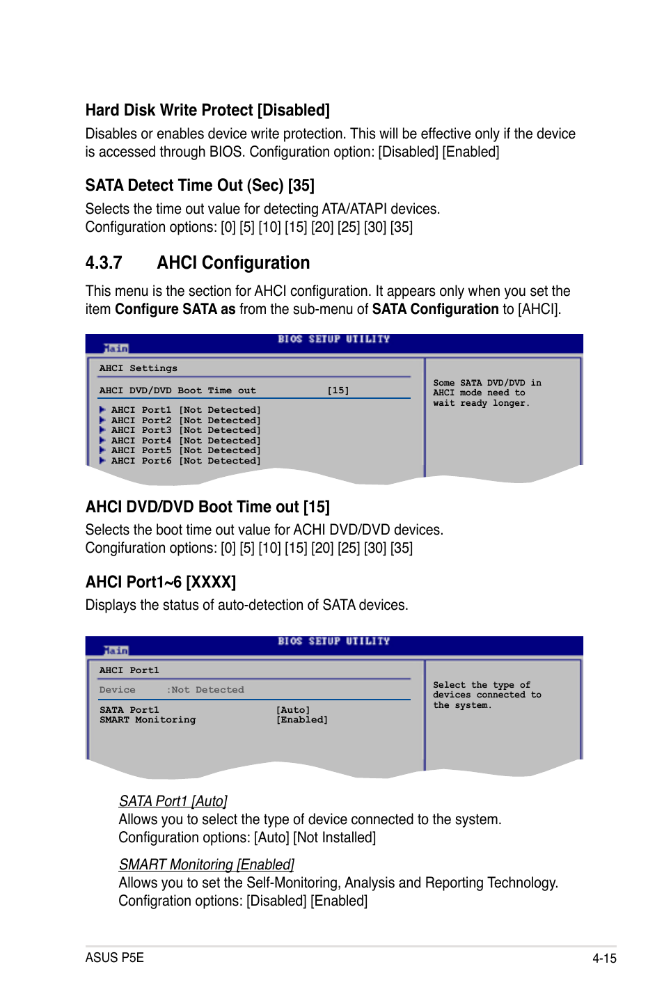 7 ahci configuration, Hard disk write protect [disabled, Sata detect time out (sec) [35 | Ahci dvd/dvd boot time out [15 | Asus P5E User Manual | Page 81 / 174