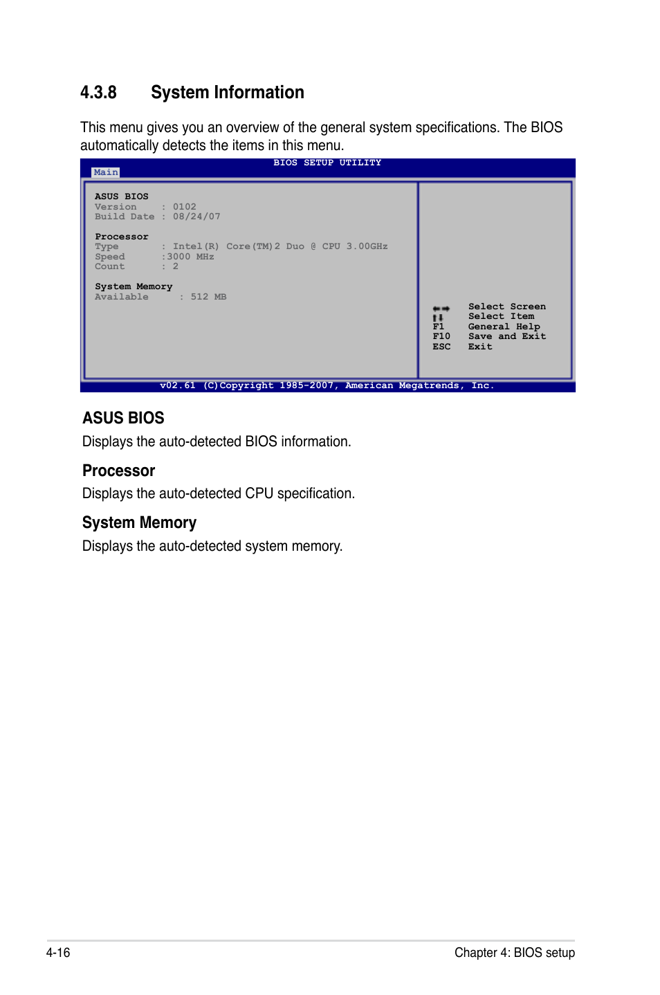 8 system information, Asus bios, Processor | Displays the auto-detected bios information, Displays the auto-detected cpu specification | Asus P5E User Manual | Page 82 / 174