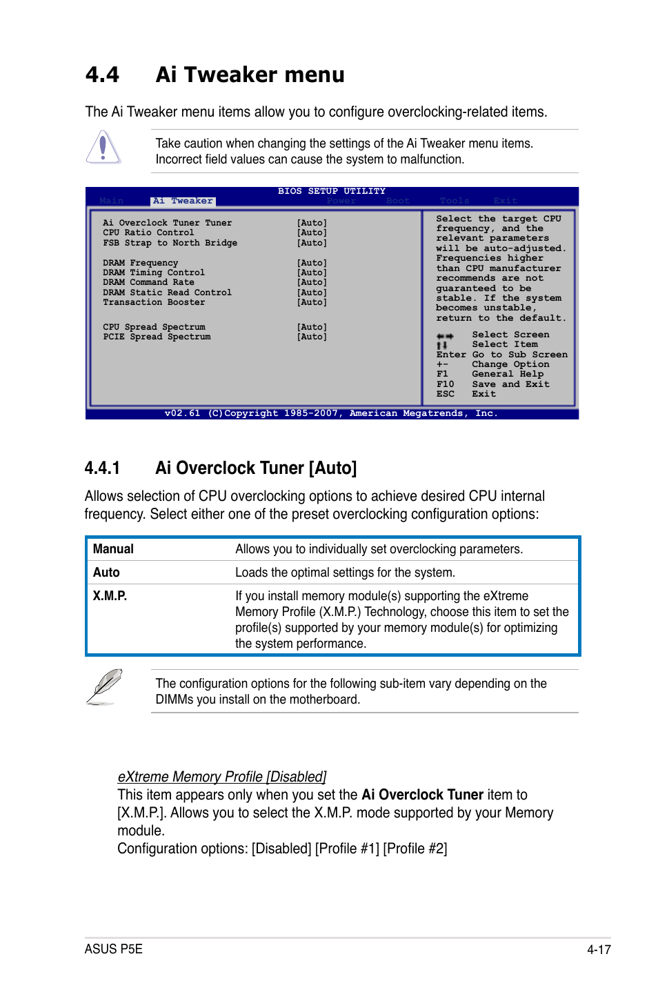 4 ai tweaker menu, 1 ai overclock tuner [auto | Asus P5E User Manual | Page 83 / 174