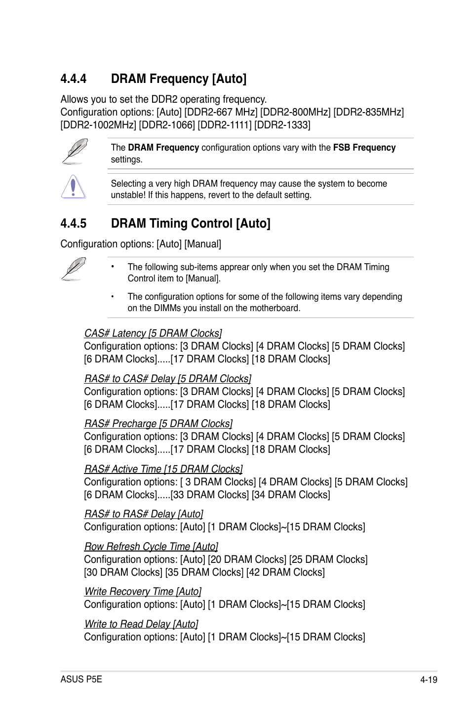 4 dram frequency [auto, 5 dram timing control [auto | Asus P5E User Manual | Page 85 / 174