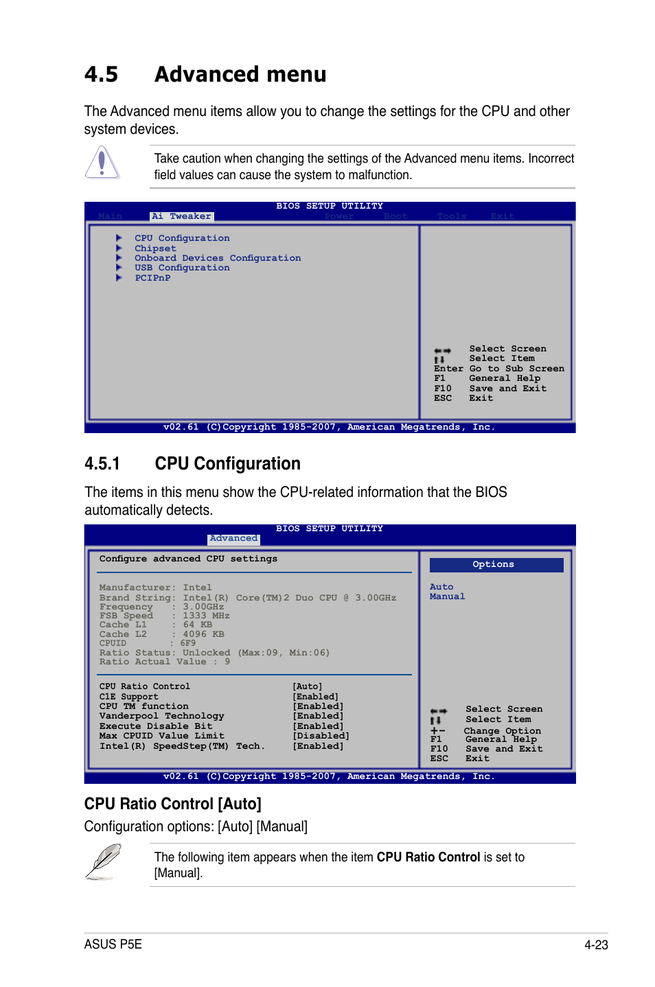 5 advanced menu, 1 cpu configuration, Cpu ratio control [auto | Configuration options: [auto] [manual | Asus P5E User Manual | Page 89 / 174