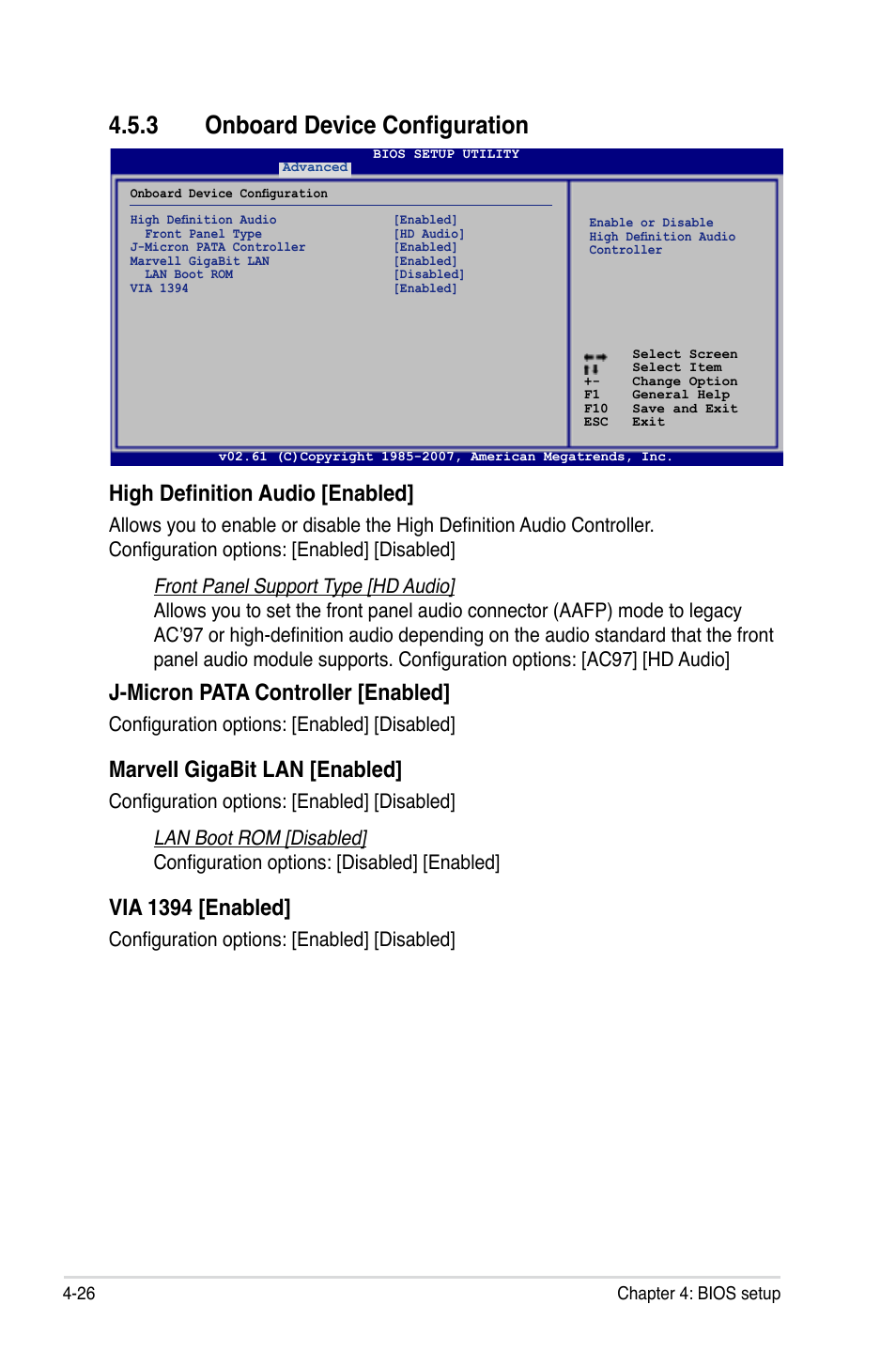 3 onboard device configuration, High definition audio [enabled, J-micron pata controller [enabled | Marveli gigabit lan [enabled, Via 1394 [enabled, Configuration options: [enabled] [disabled | Asus P5E User Manual | Page 92 / 174