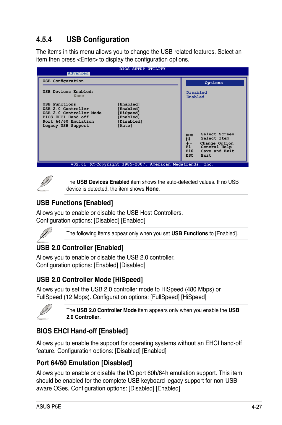 4 usb configuration, Usb functions [enabled, Usb 2.0 controller [enabled | Usb 2.0 controller mode [hispeed, Bios ehci hand-off [enabled, Port 64/60 emulation [disabled | Asus P5E User Manual | Page 93 / 174