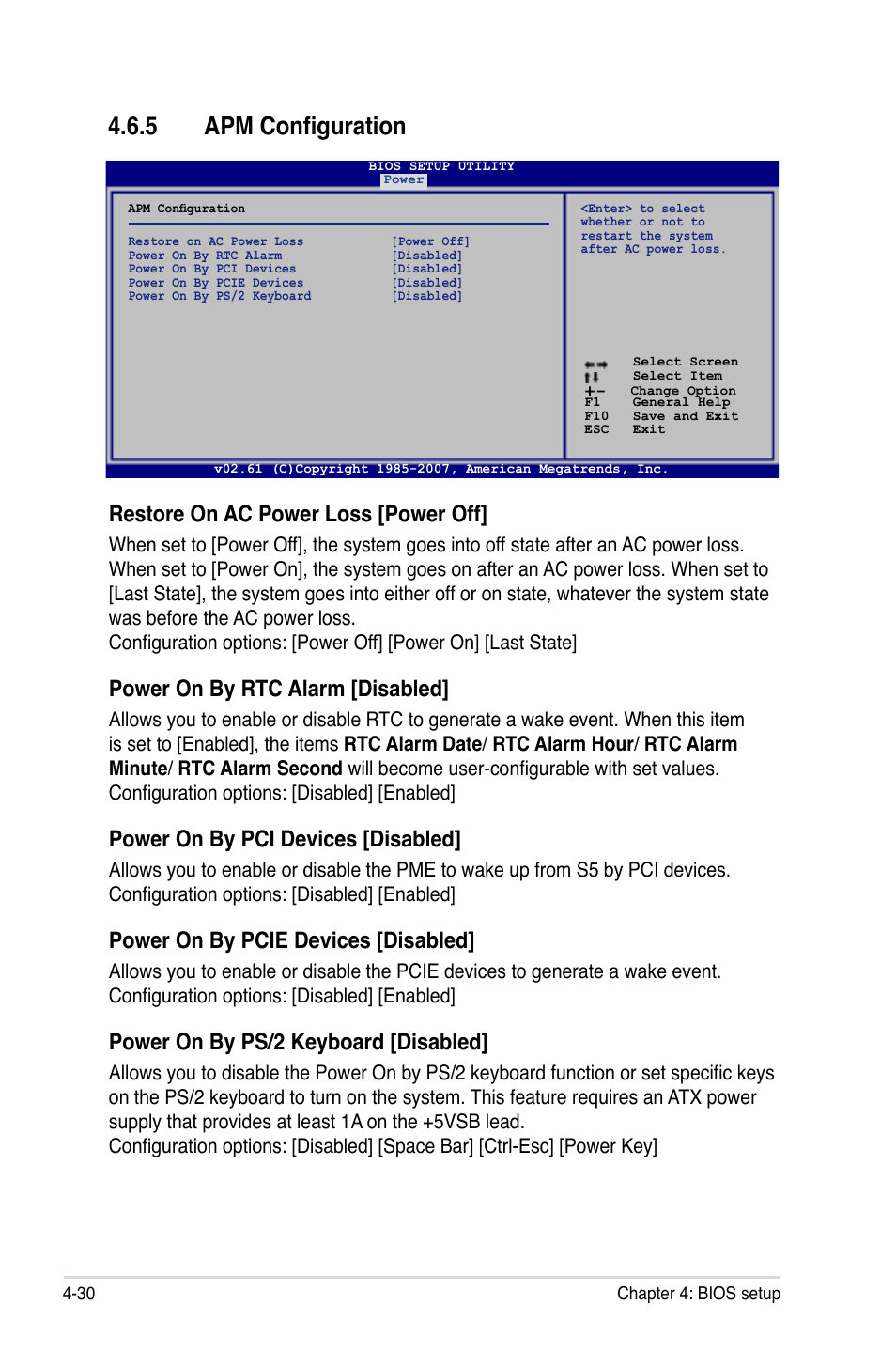 5 apm configuration, Restore on ac power loss [power off, Power on by rtc alarm [disabled | Power on by pci devices [disabled, Power on by pcie devices [disabled, Power on by ps/2 keyboard [disabled | Asus P5E User Manual | Page 96 / 174