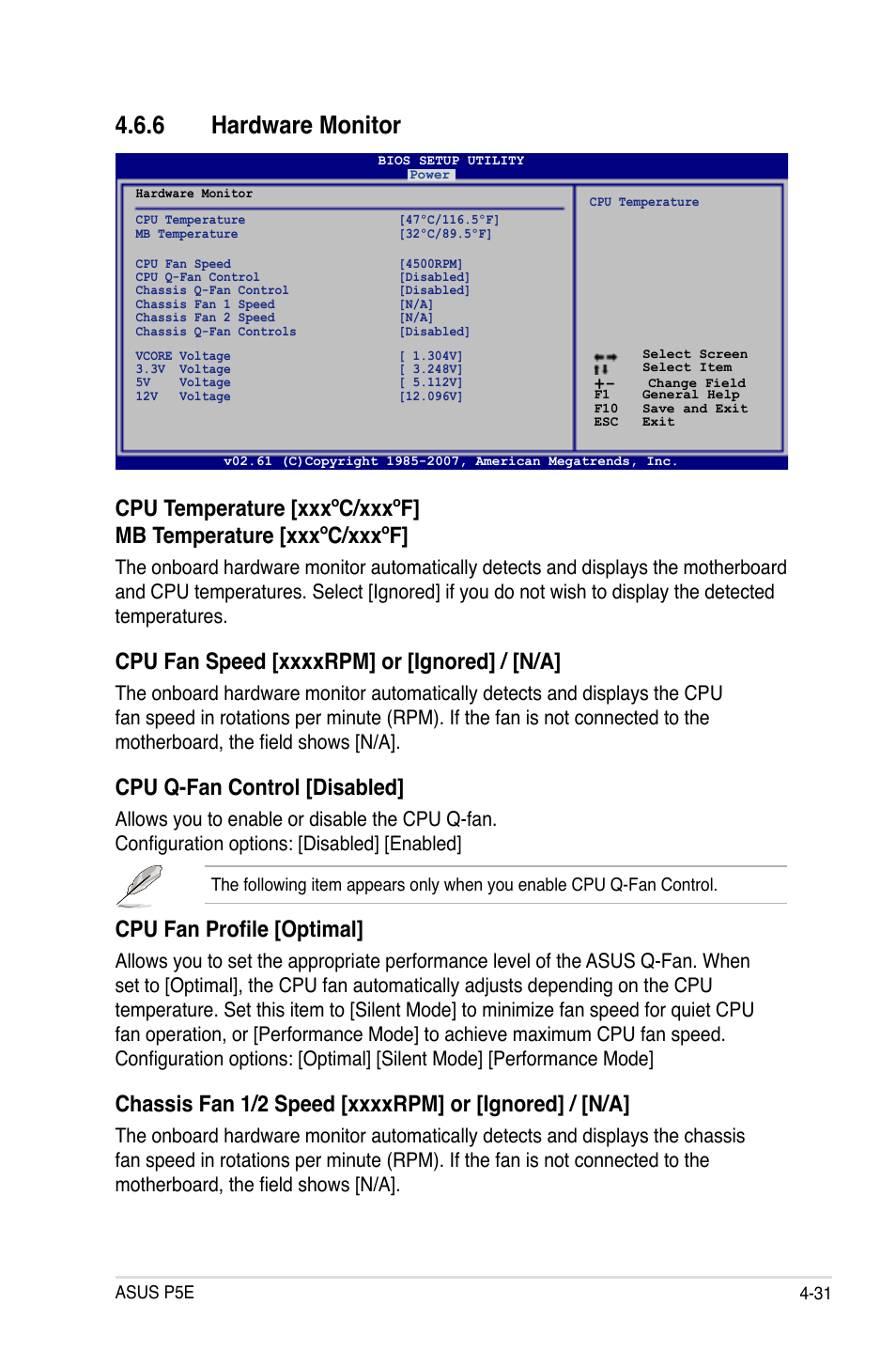 6 hardware monitor, Cpu q-fan control [disabled, Cpu fan profile [optimal | Asus P5E User Manual | Page 97 / 174