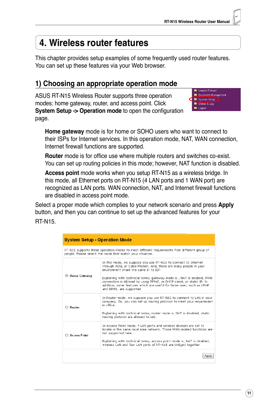 Wireless router features, 1) choosing an appropriate operation mode | Asus RT-N15 User Manual | Page 13 / 46