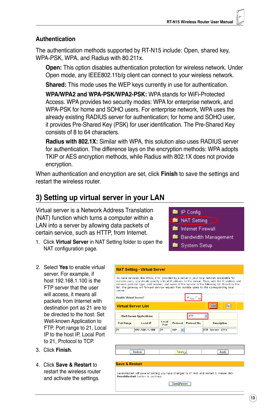 3) setting up virtual server in your lan | Asus RT-N15 User Manual | Page 15 / 46