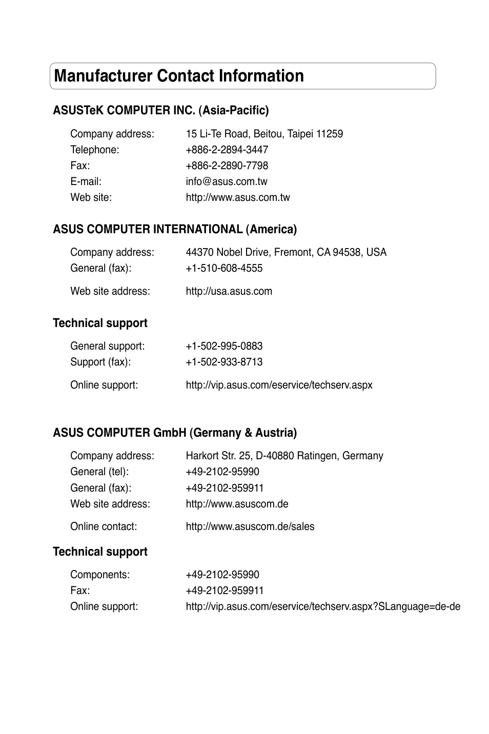 Manufacturer contact information | Asus RT-N15 User Manual | Page 2 / 46