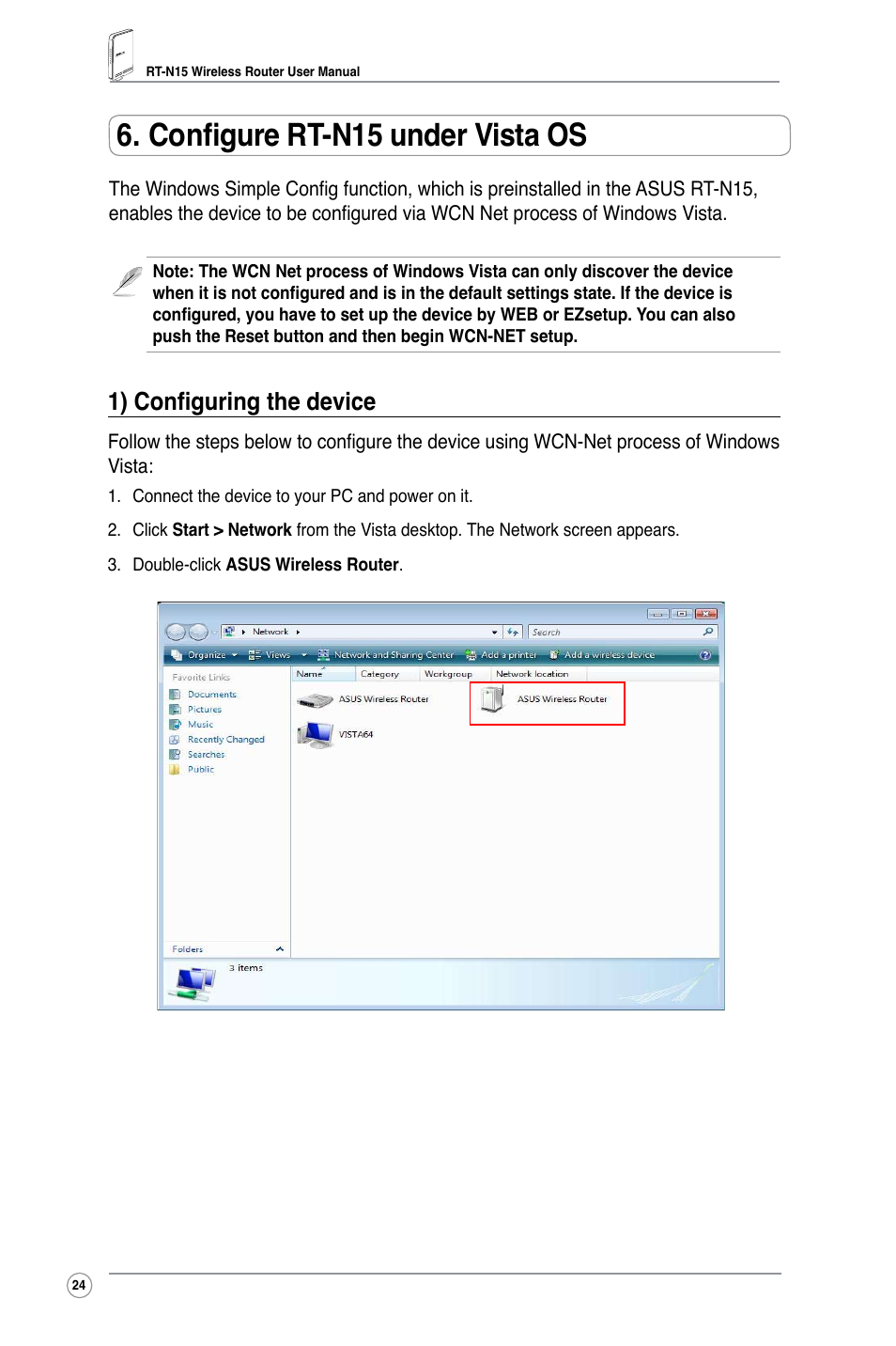 Configure rt-n15 under vista os, 1) configuring the device | Asus RT-N15 User Manual | Page 26 / 46