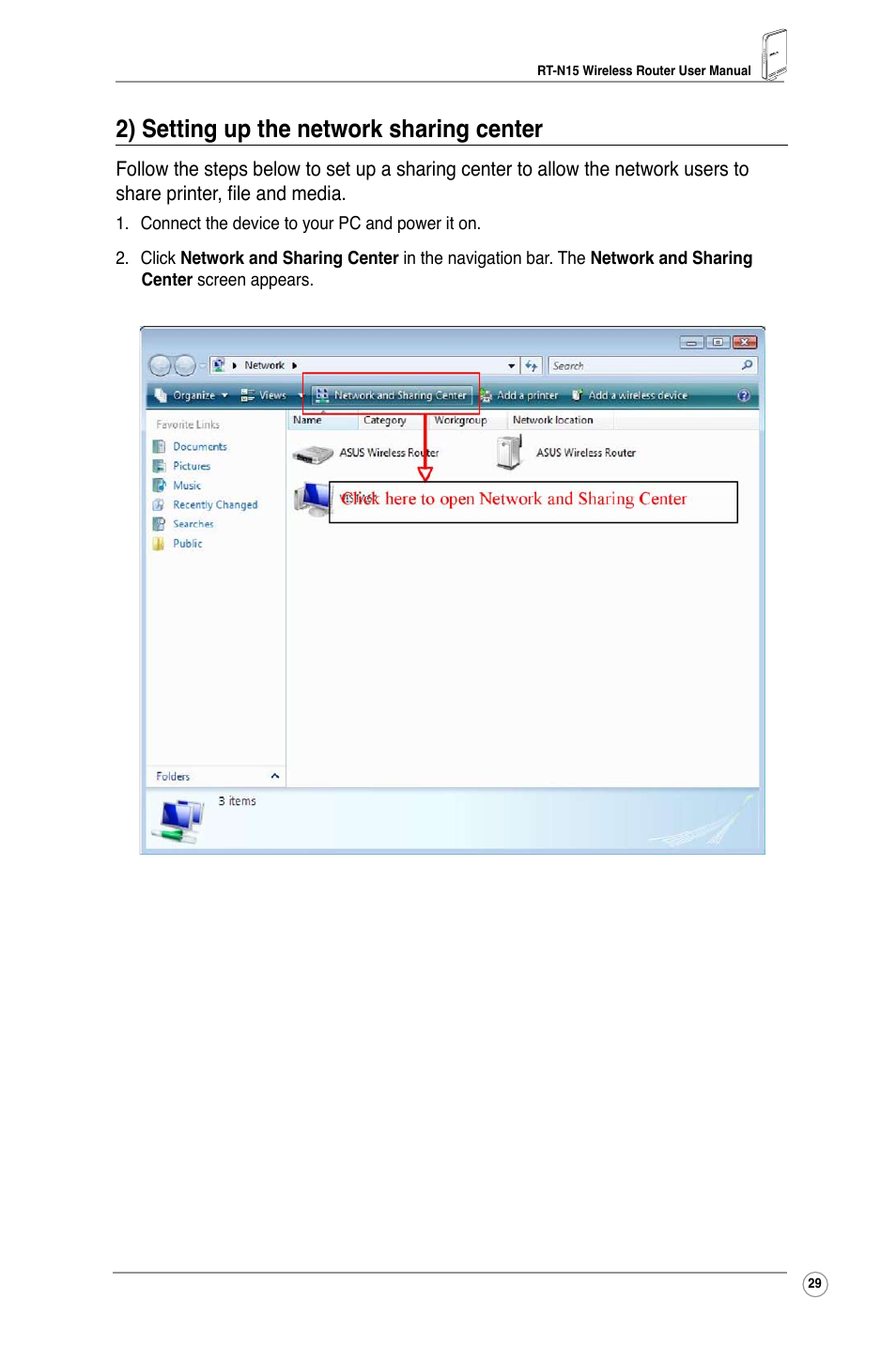 2) setting up the network sharing center | Asus RT-N15 User Manual | Page 31 / 46