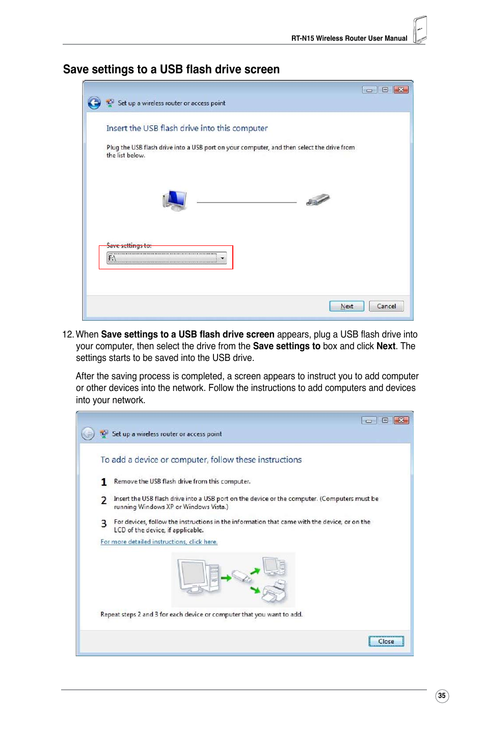 Save settings to a usb flash drive screen | Asus RT-N15 User Manual | Page 37 / 46