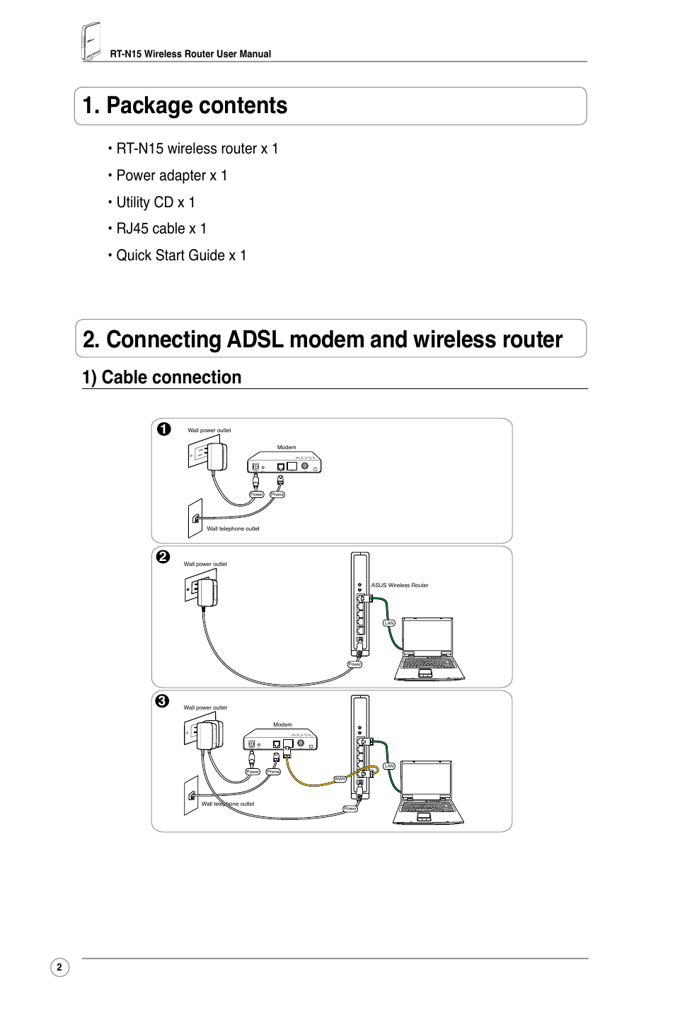 Package contents, Connecting adsl modem and wireless router, 1) cable connection | Asus RT-N15 User Manual | Page 4 / 46