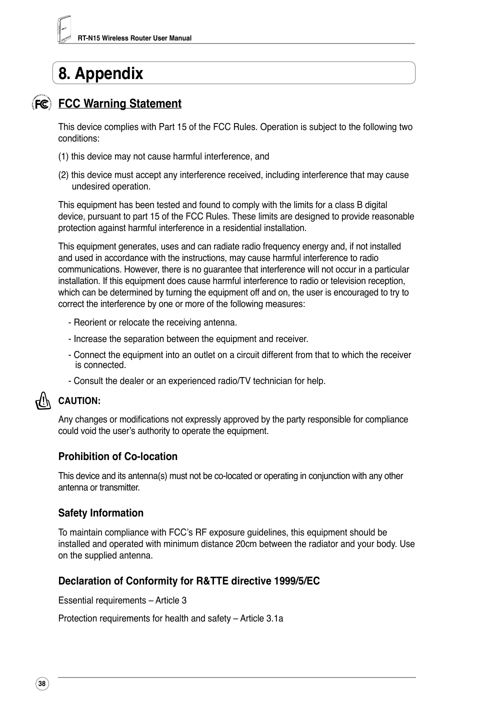 Appendix, Fcc warning statement | Asus RT-N15 User Manual | Page 40 / 46