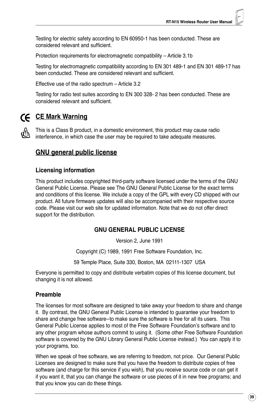 Ce mark warning, Gnu general public license | Asus RT-N15 User Manual | Page 41 / 46