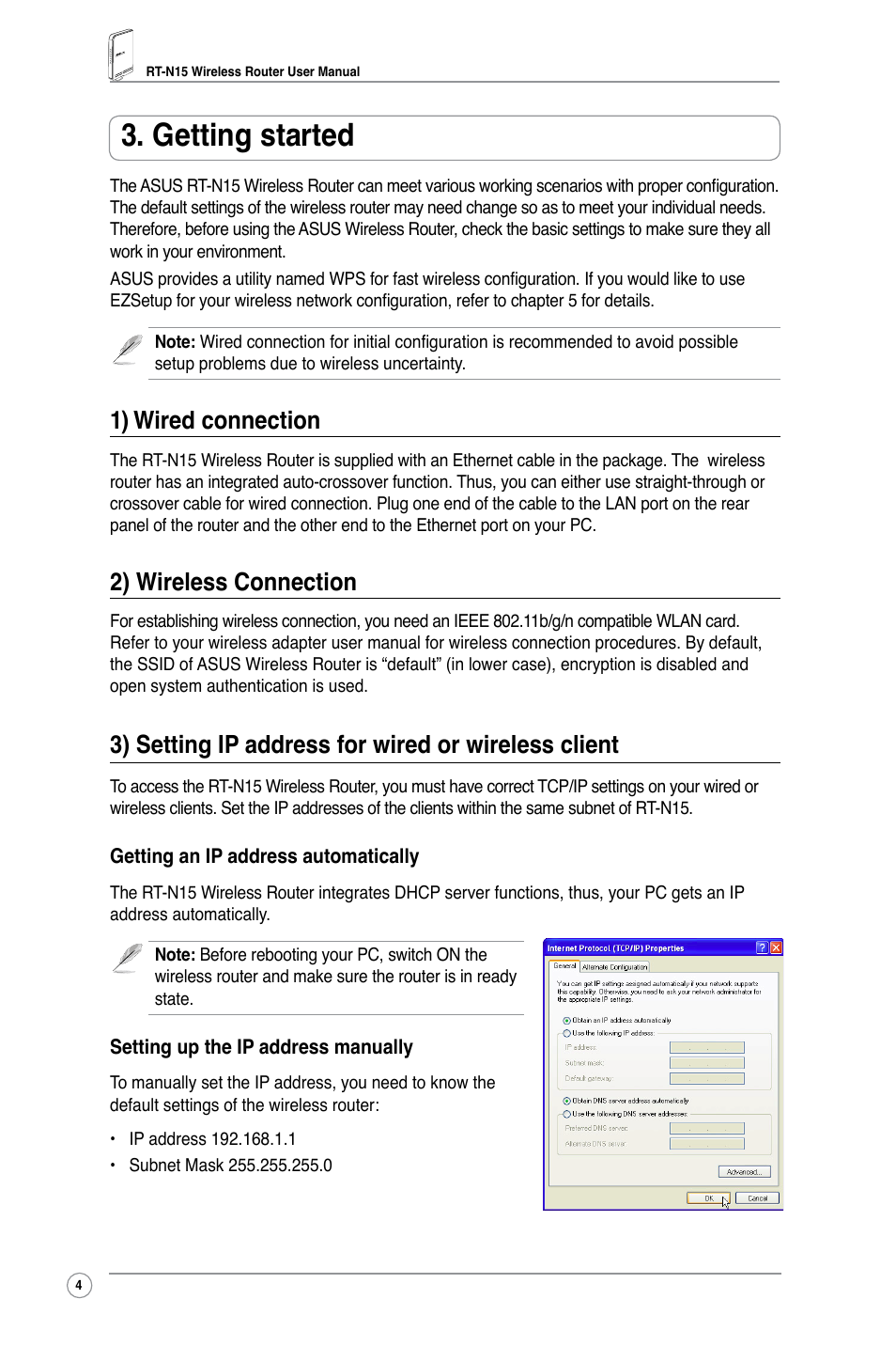 Getting started, 1) wired connection, 2) wireless connection | 3) setting ip address for wired or wireless client | Asus RT-N15 User Manual | Page 6 / 46