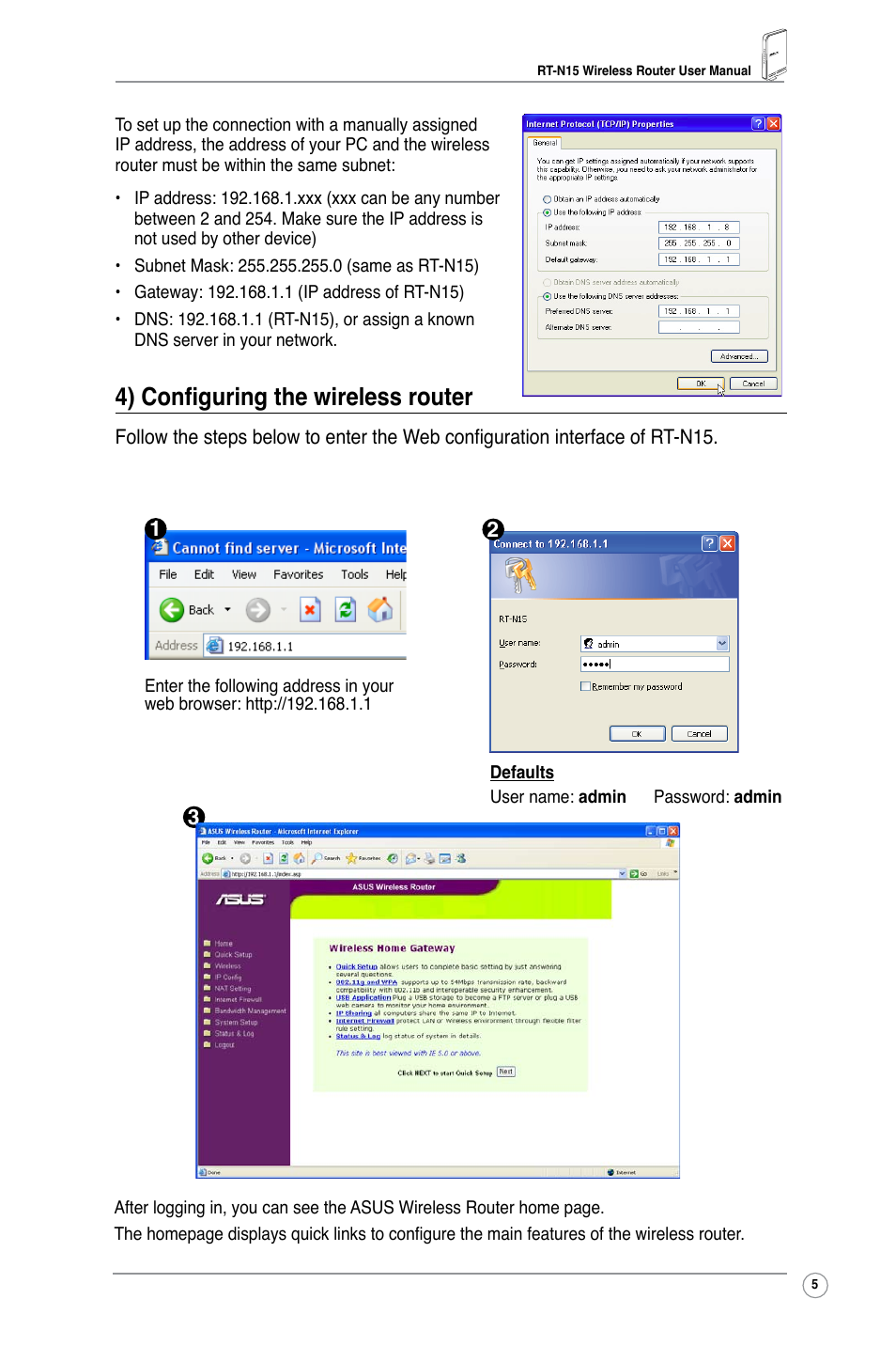 4) configuring the wireless router | Asus RT-N15 User Manual | Page 7 / 46