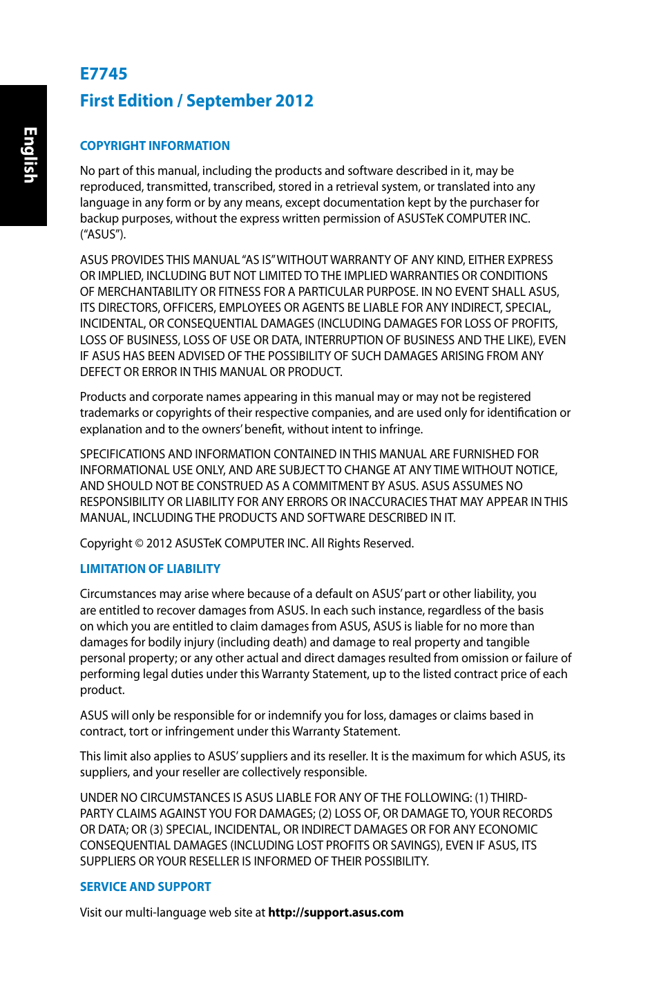 English | Asus EB1505 User Manual | Page 2 / 66