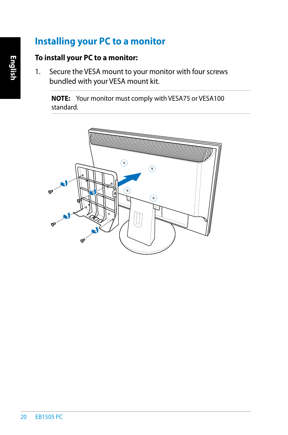 Installing your pc to a monitor | Asus EB1505 User Manual | Page 20 / 66