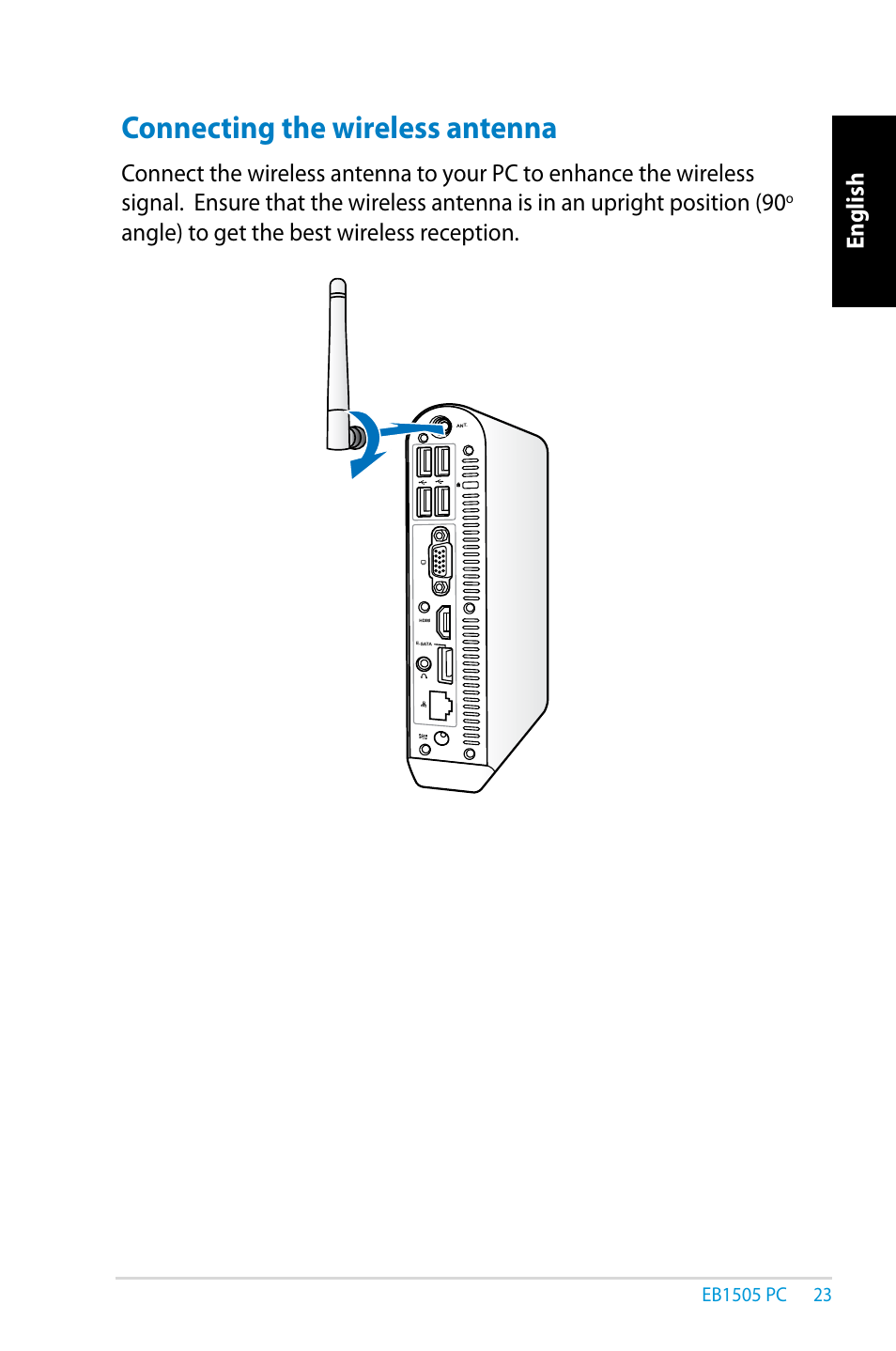 Connecting the wireless antenna, English, Angle) to get the best wireless reception | Asus EB1505 User Manual | Page 23 / 66