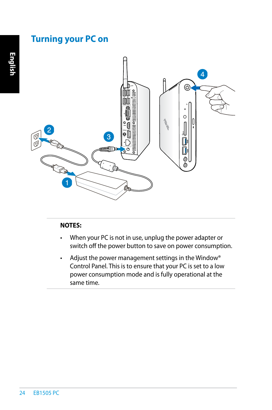 Turning your pc on | Asus EB1505 User Manual | Page 24 / 66