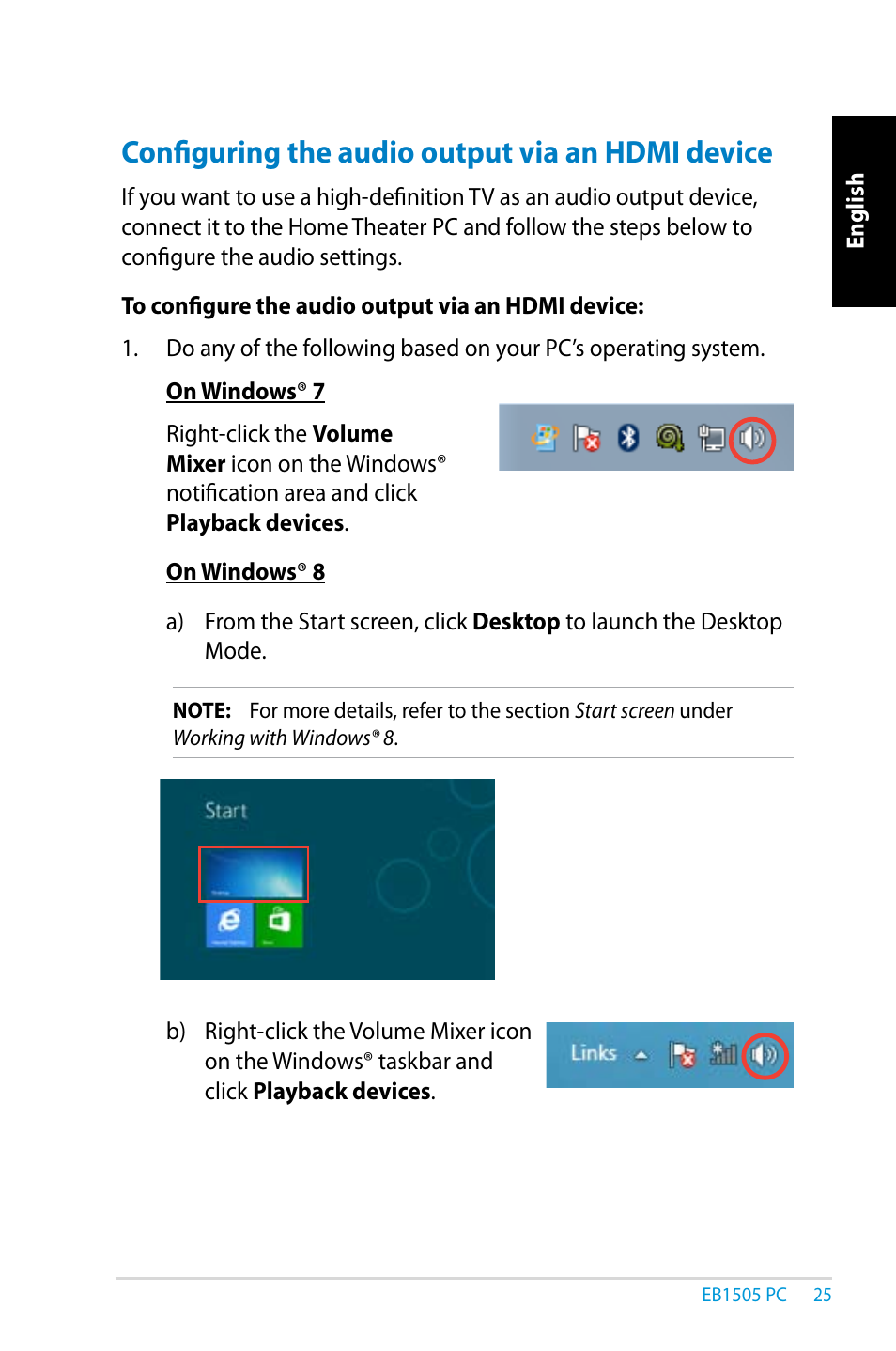 Configuring the audio output via an hdmi device | Asus EB1505 User Manual | Page 25 / 66