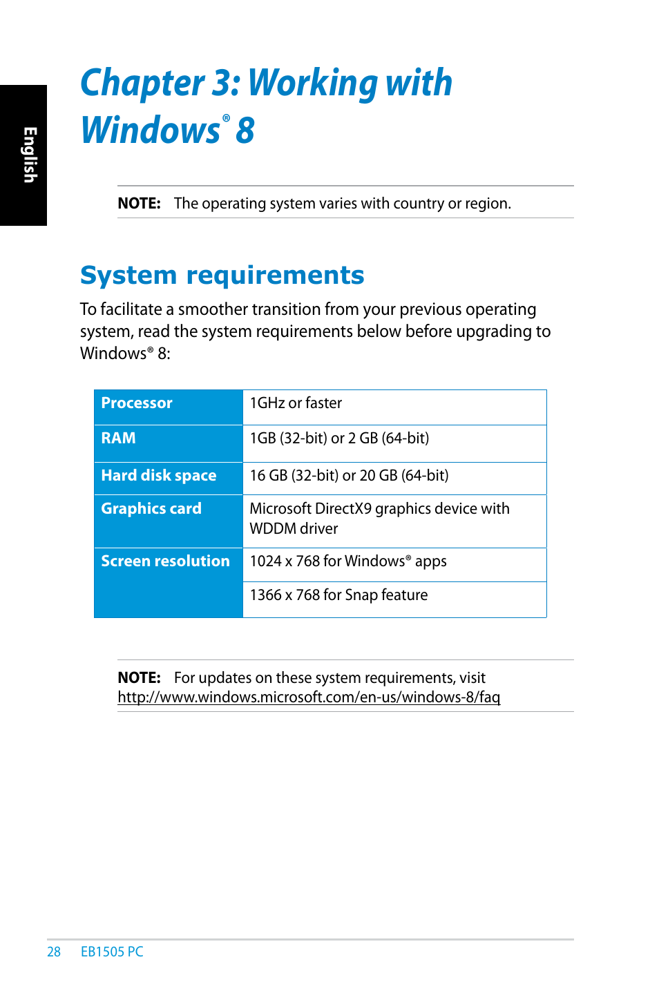 Chapter 3: working with windows® 8, System requirements, Chapter 3 | Working with windows, Chapter 3: working with windows | Asus EB1505 User Manual | Page 28 / 66