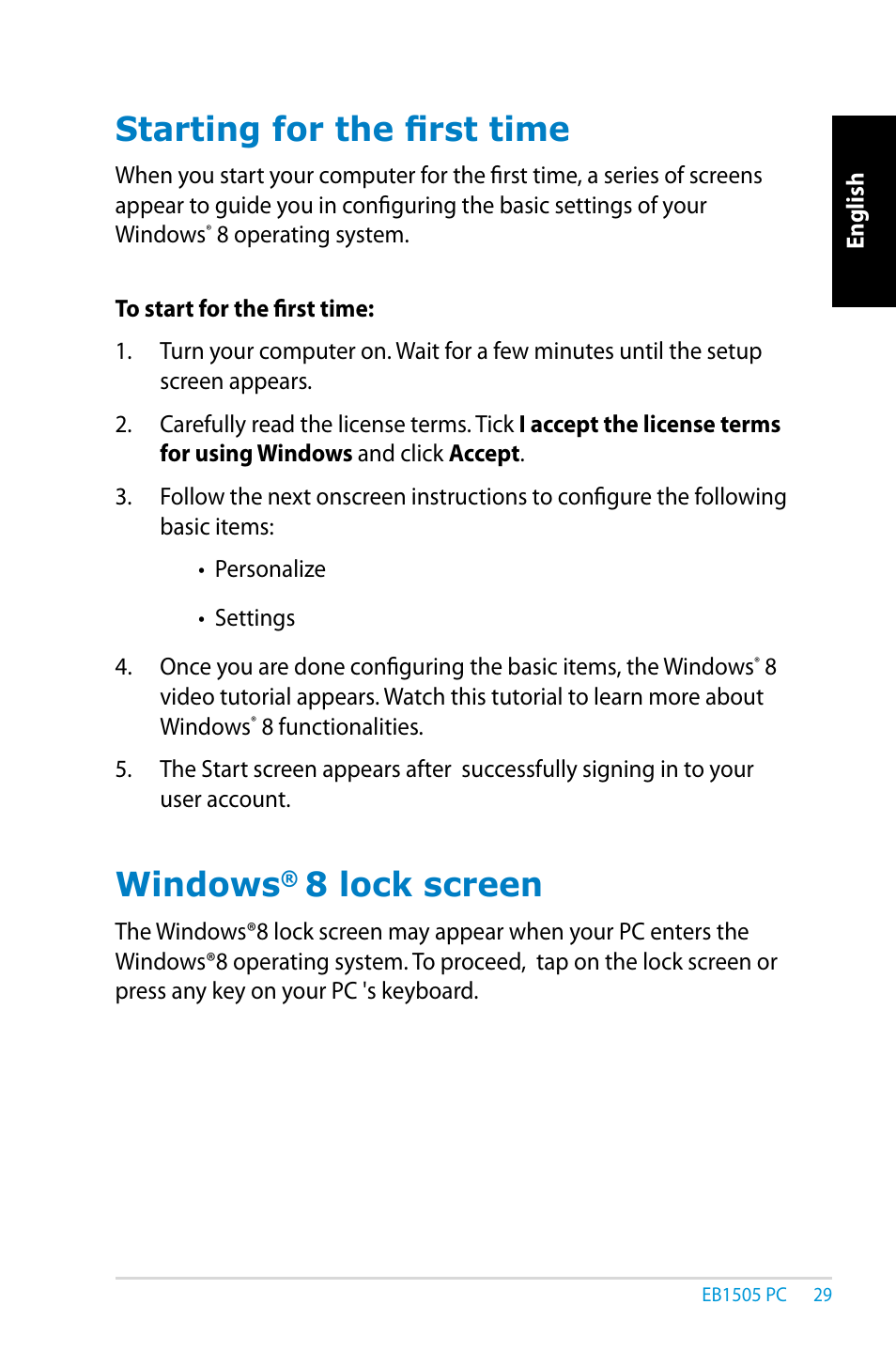 Starting for the first time, Windows® 8 lock screen, Starting for the first time windows | 8 lock screen, Windows | Asus EB1505 User Manual | Page 29 / 66