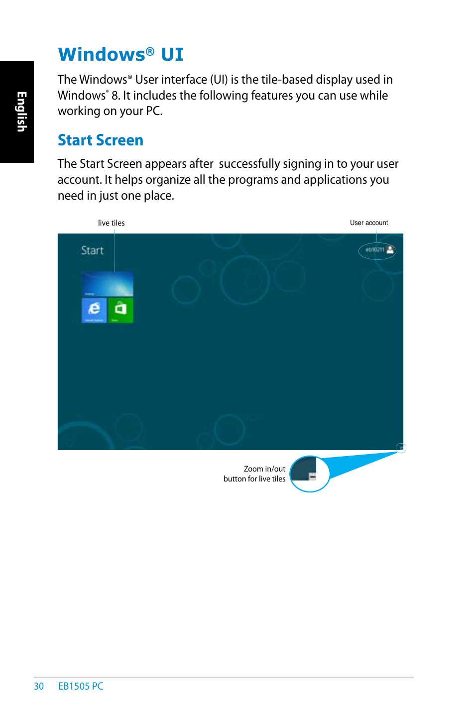 Windows® ui, Start screen, Windows | Asus EB1505 User Manual | Page 30 / 66