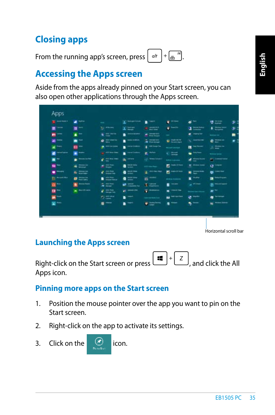 Closing apps, Accessing the apps screen | Asus EB1505 User Manual | Page 35 / 66