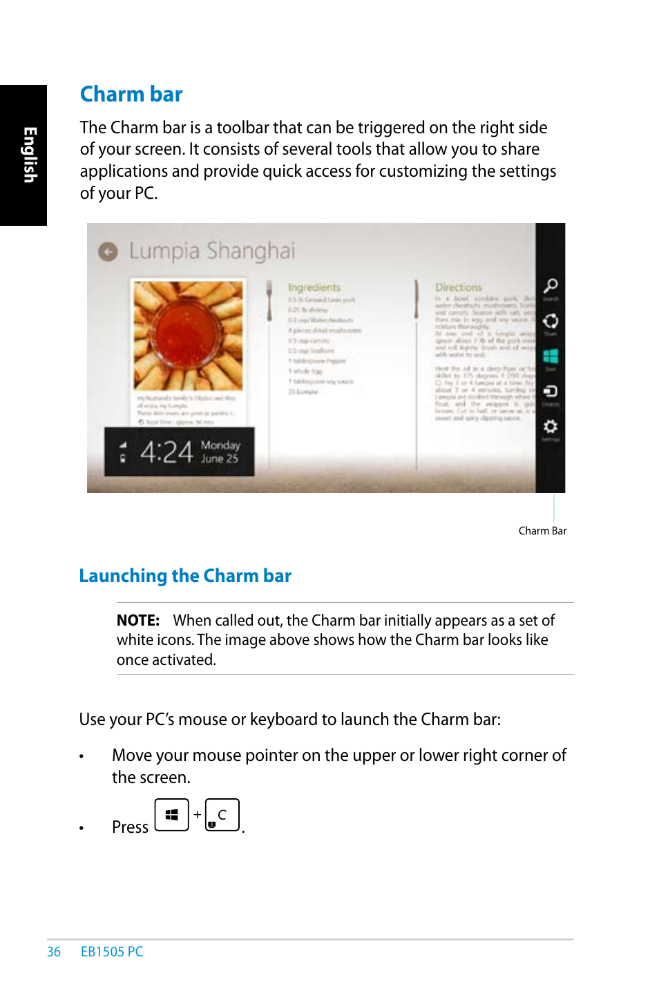 Charm bar | Asus EB1505 User Manual | Page 36 / 66