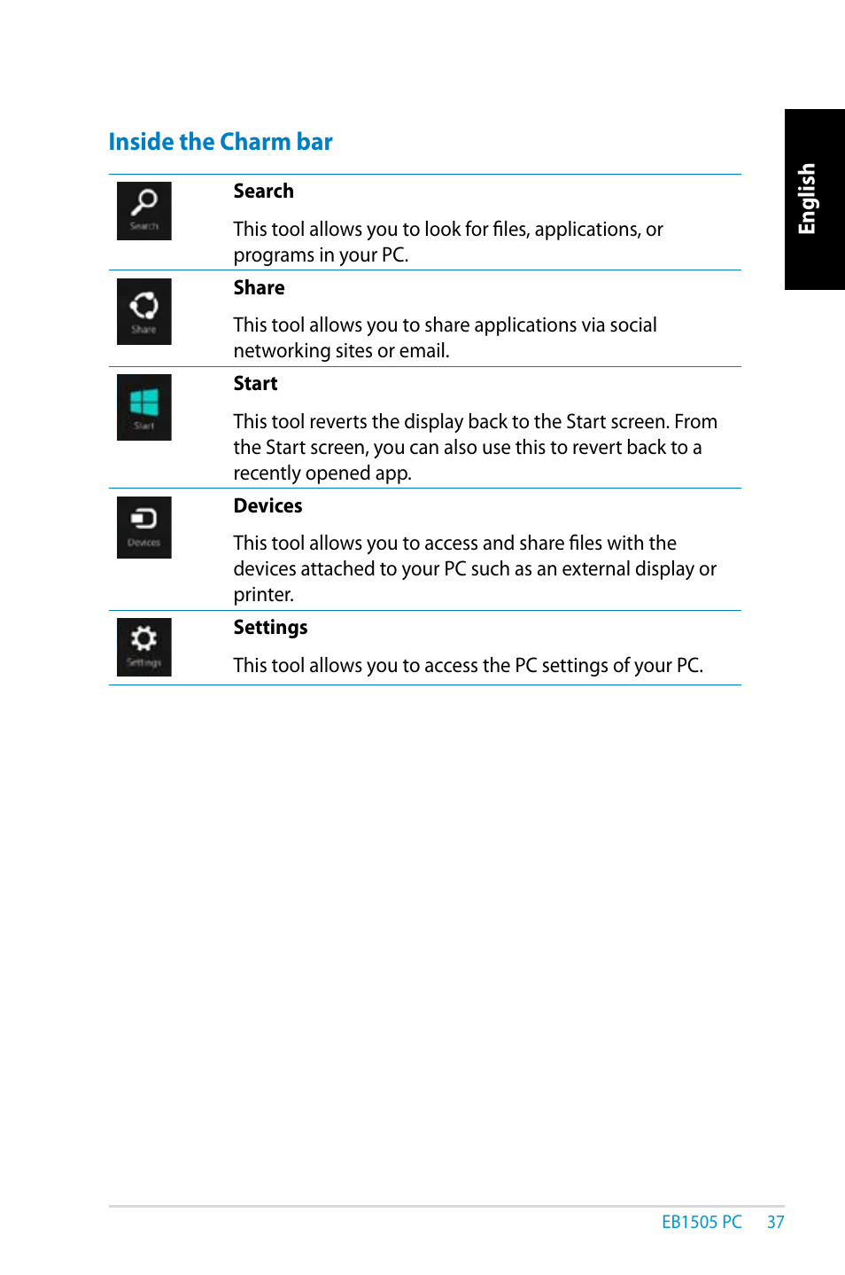 Inside the charm bar | Asus EB1505 User Manual | Page 37 / 66