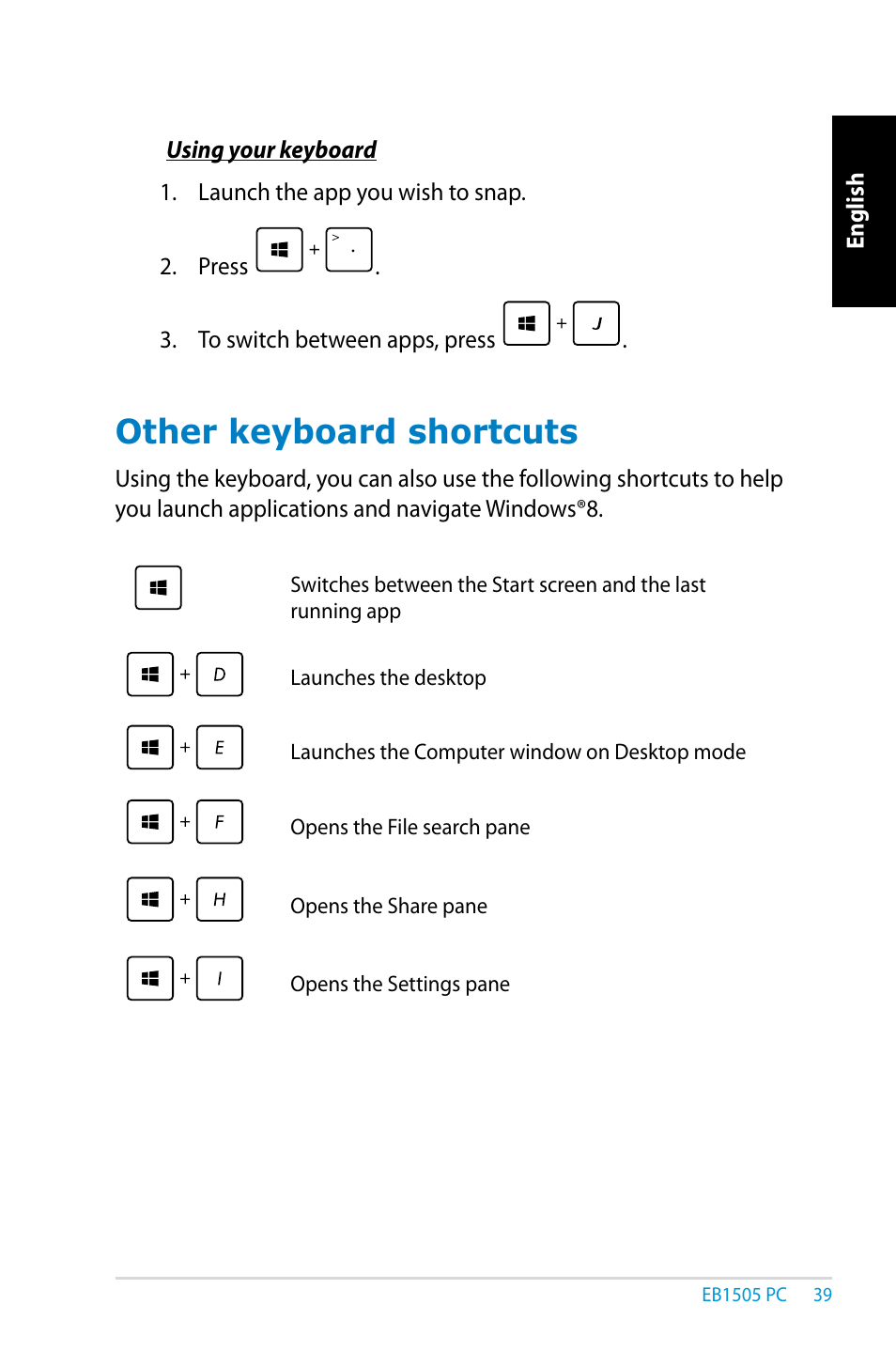 Other keyboard shortcuts | Asus EB1505 User Manual | Page 39 / 66