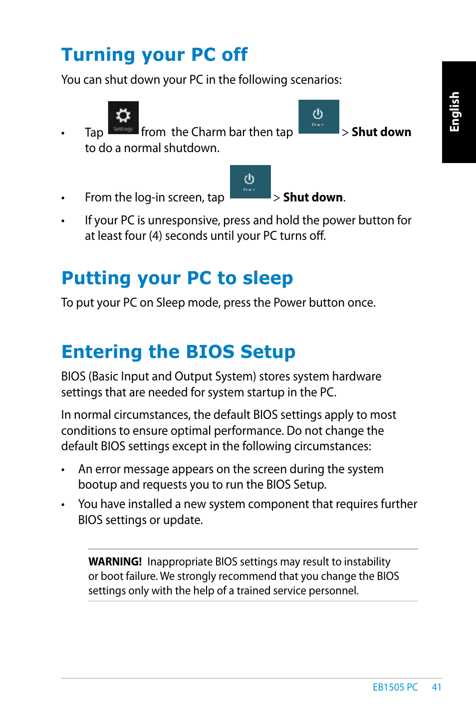 Turning your pc off, Putting your pc to sleep, Entering the bios setup | Asus EB1505 User Manual | Page 41 / 66