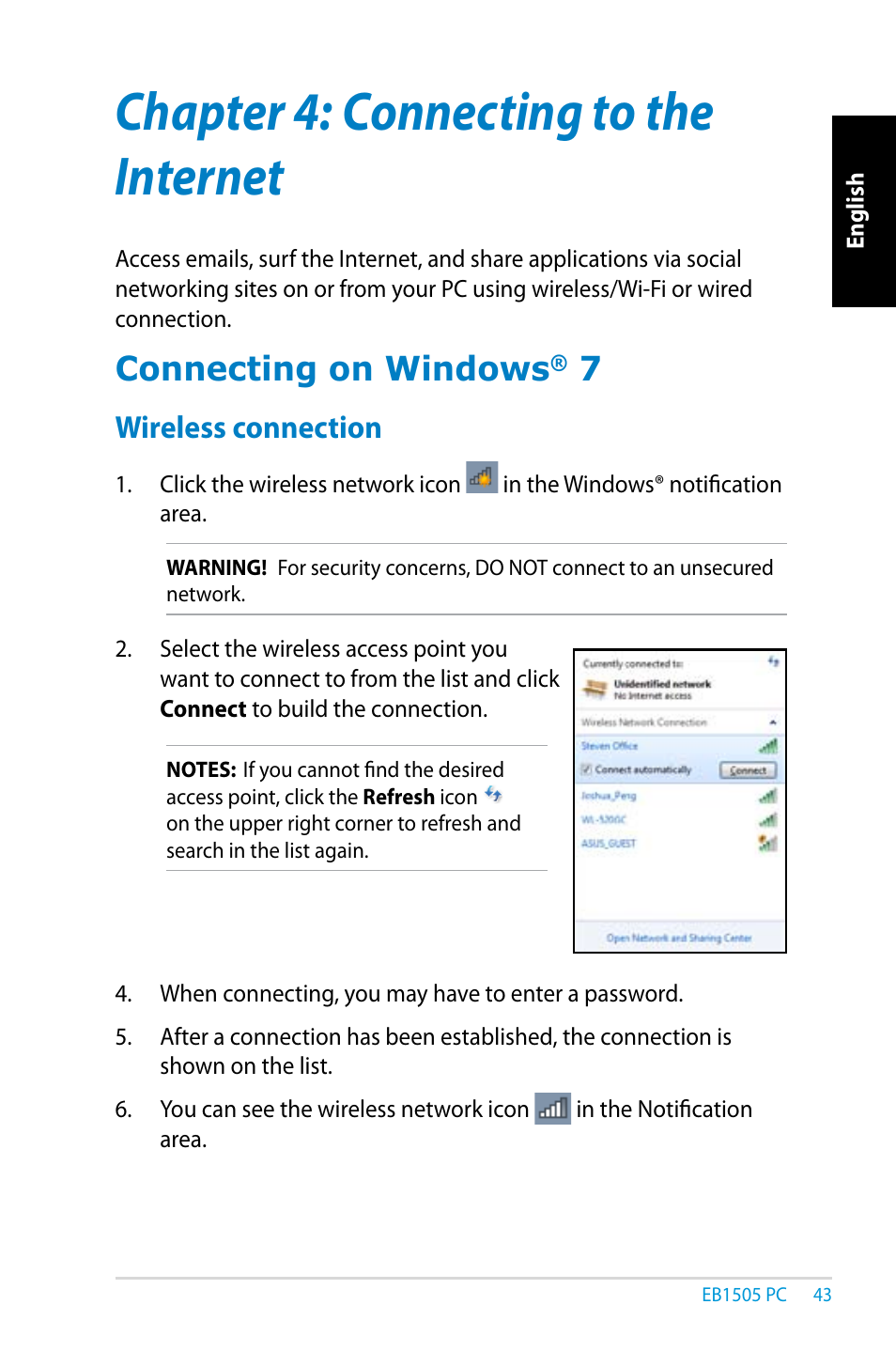 Chapter 4: connecting to the internet, Connecting on windows® 7, Wireless connection | Chapter 4, Connecting to the internet, Connecting on windows | Asus EB1505 User Manual | Page 43 / 66