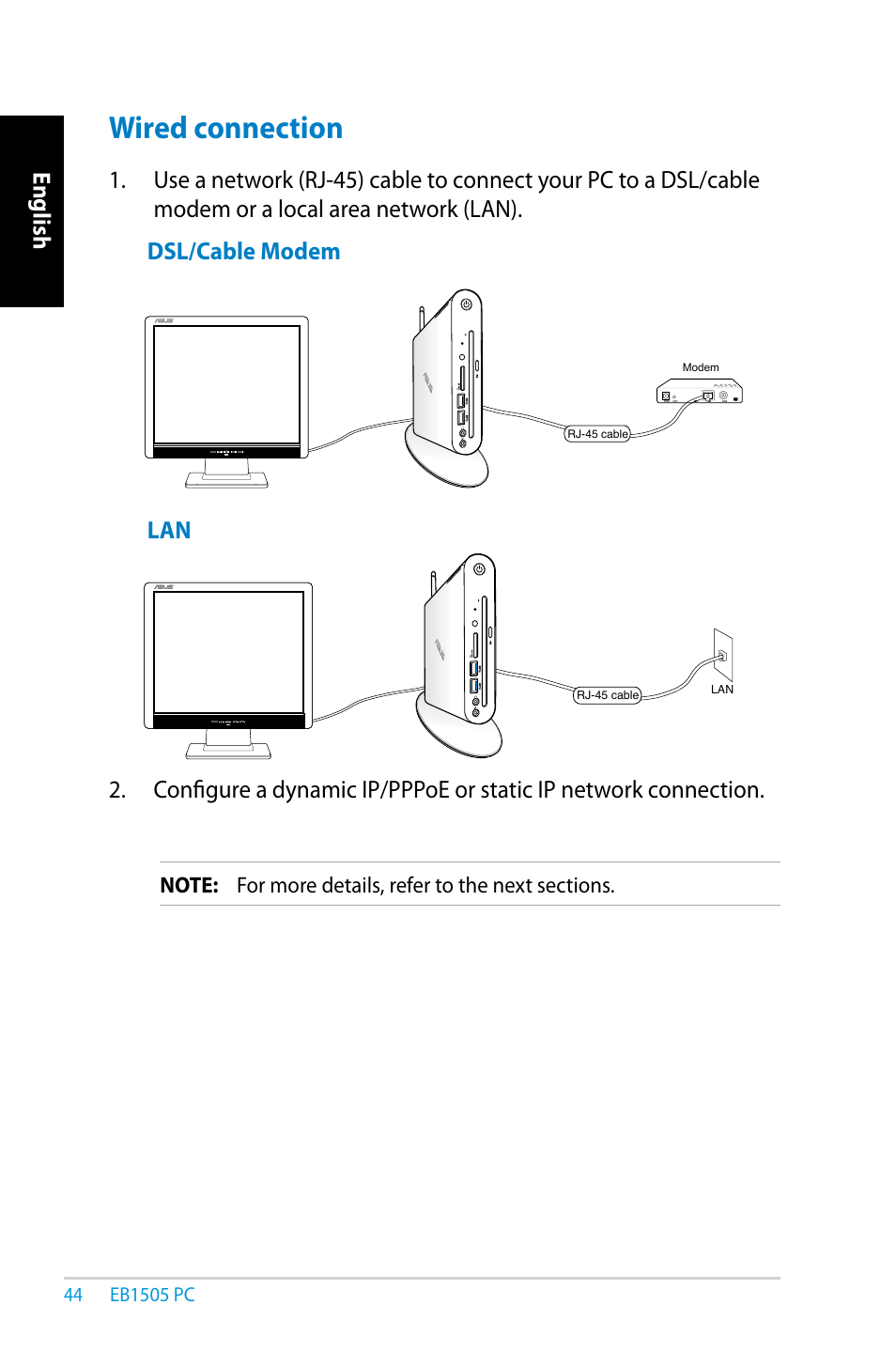 Wired connection, Dsl/cable modem | Asus EB1505 User Manual | Page 44 / 66