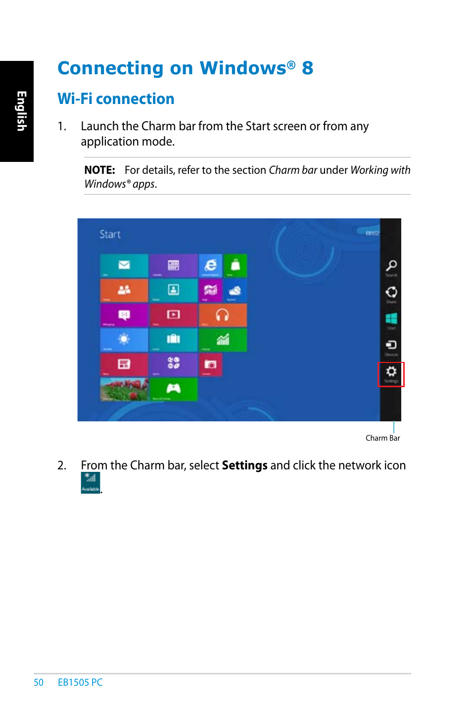 Connecting on windows® 8, Wi-fi connection, Connecting on windows | Asus EB1505 User Manual | Page 50 / 66