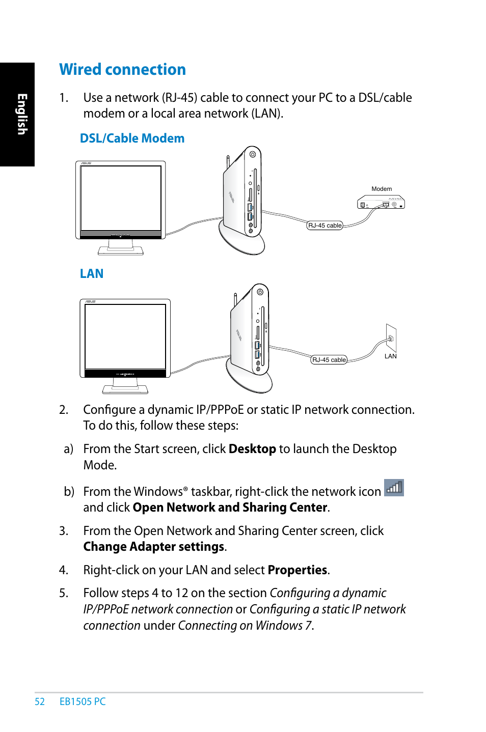 Wired connection | Asus EB1505 User Manual | Page 52 / 66