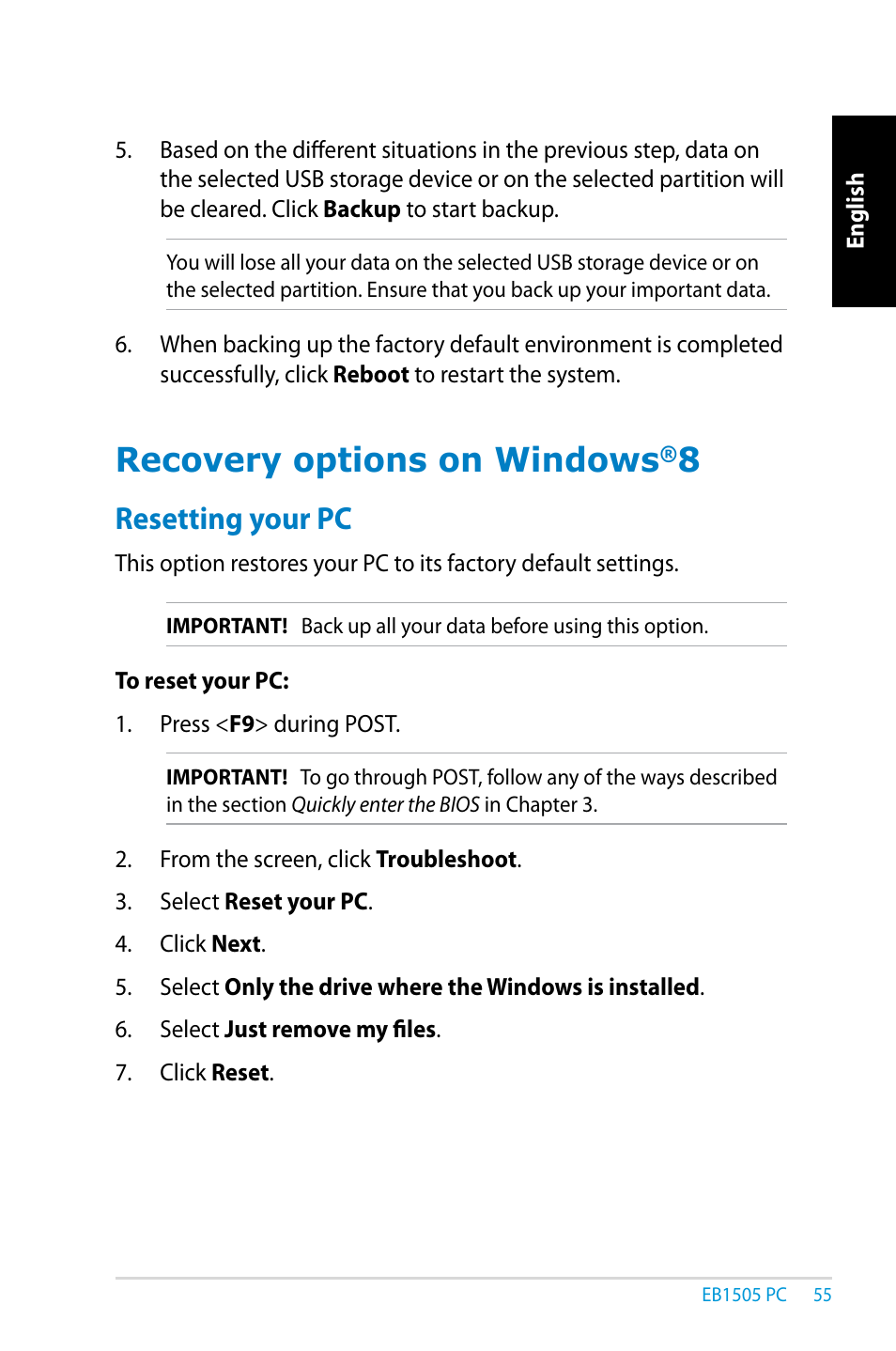 Recovery options on windows®8, Resetting your pc, Recovery options on windows | Asus EB1505 User Manual | Page 55 / 66