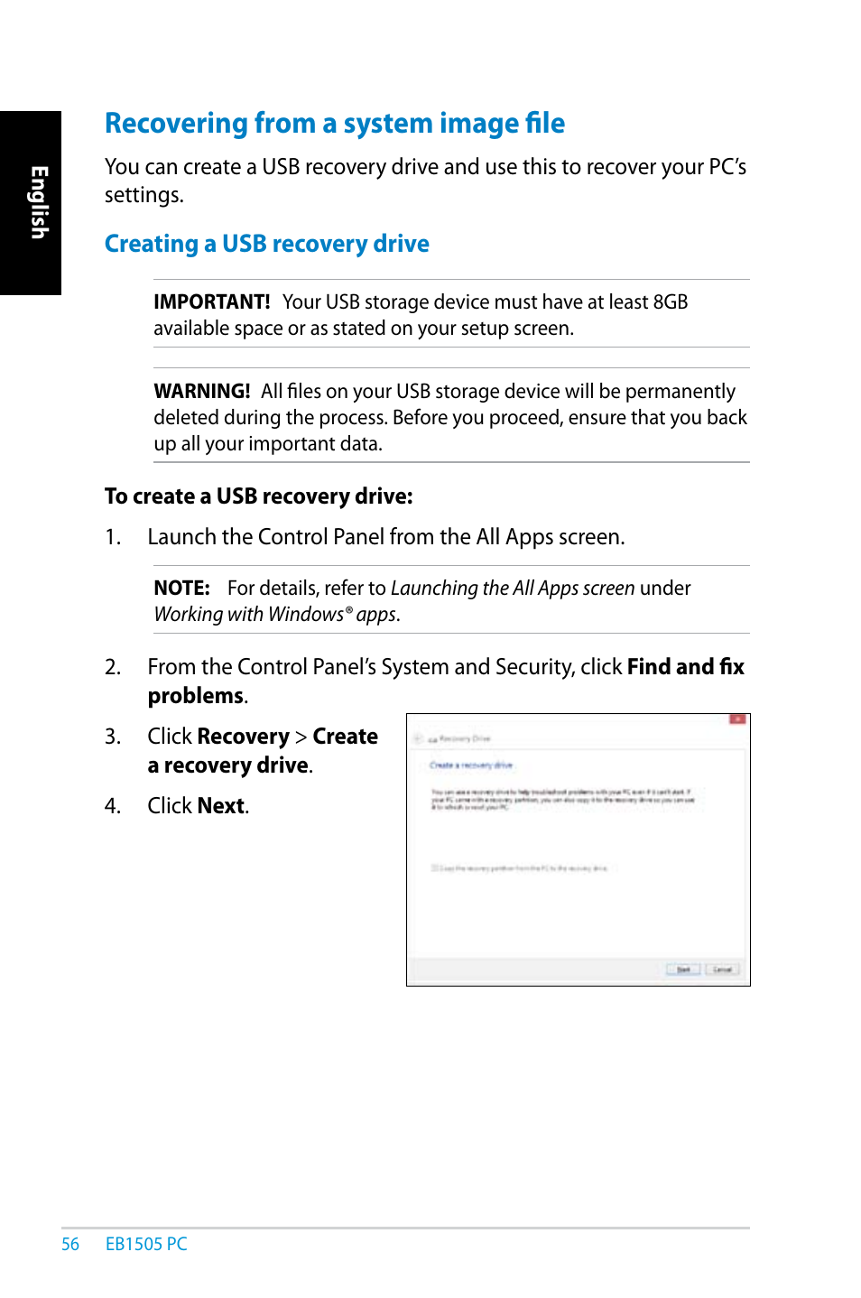 Recovering from a system image file | Asus EB1505 User Manual | Page 56 / 66