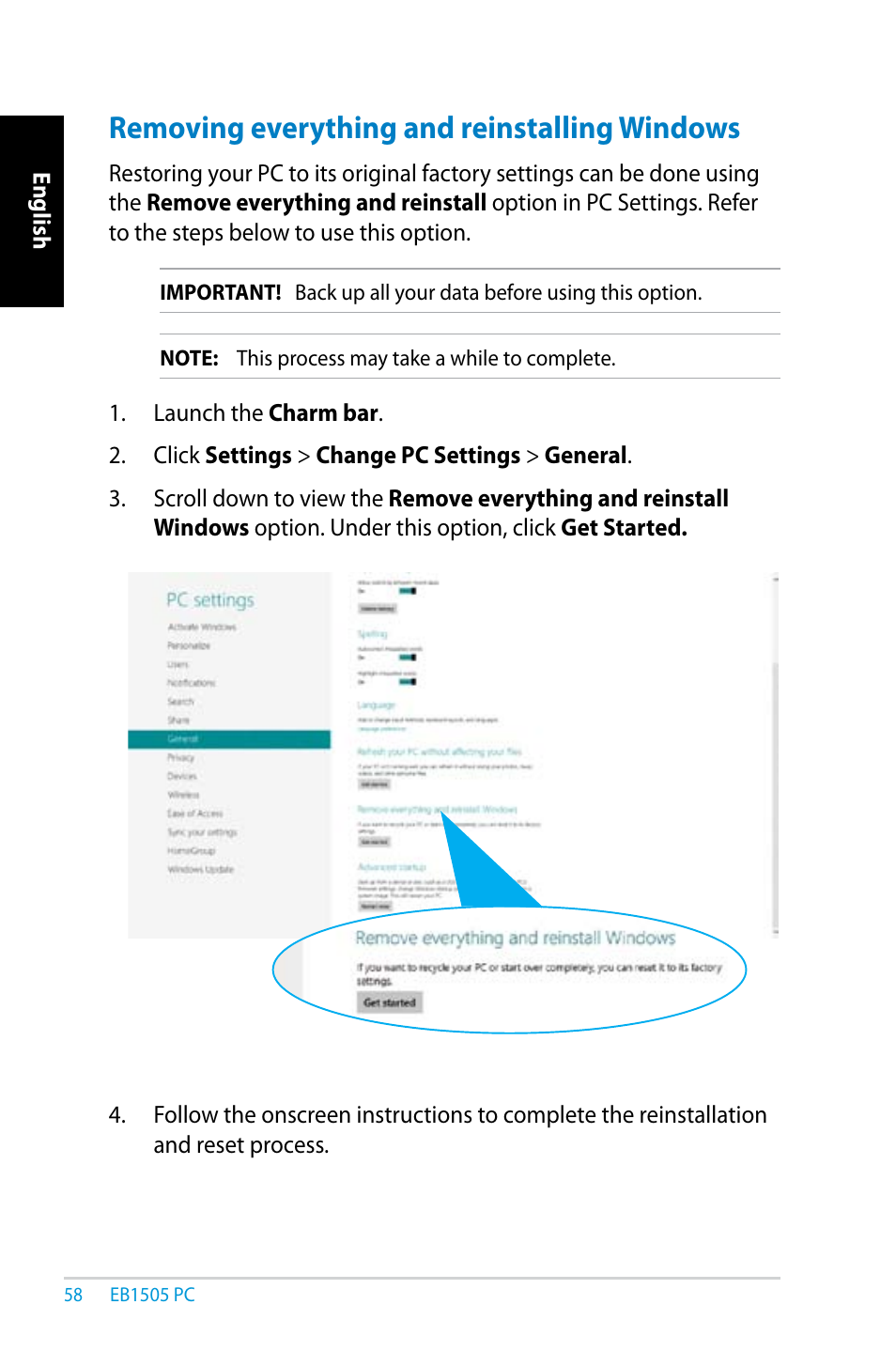 Removing everything and reinstalling windows | Asus EB1505 User Manual | Page 58 / 66