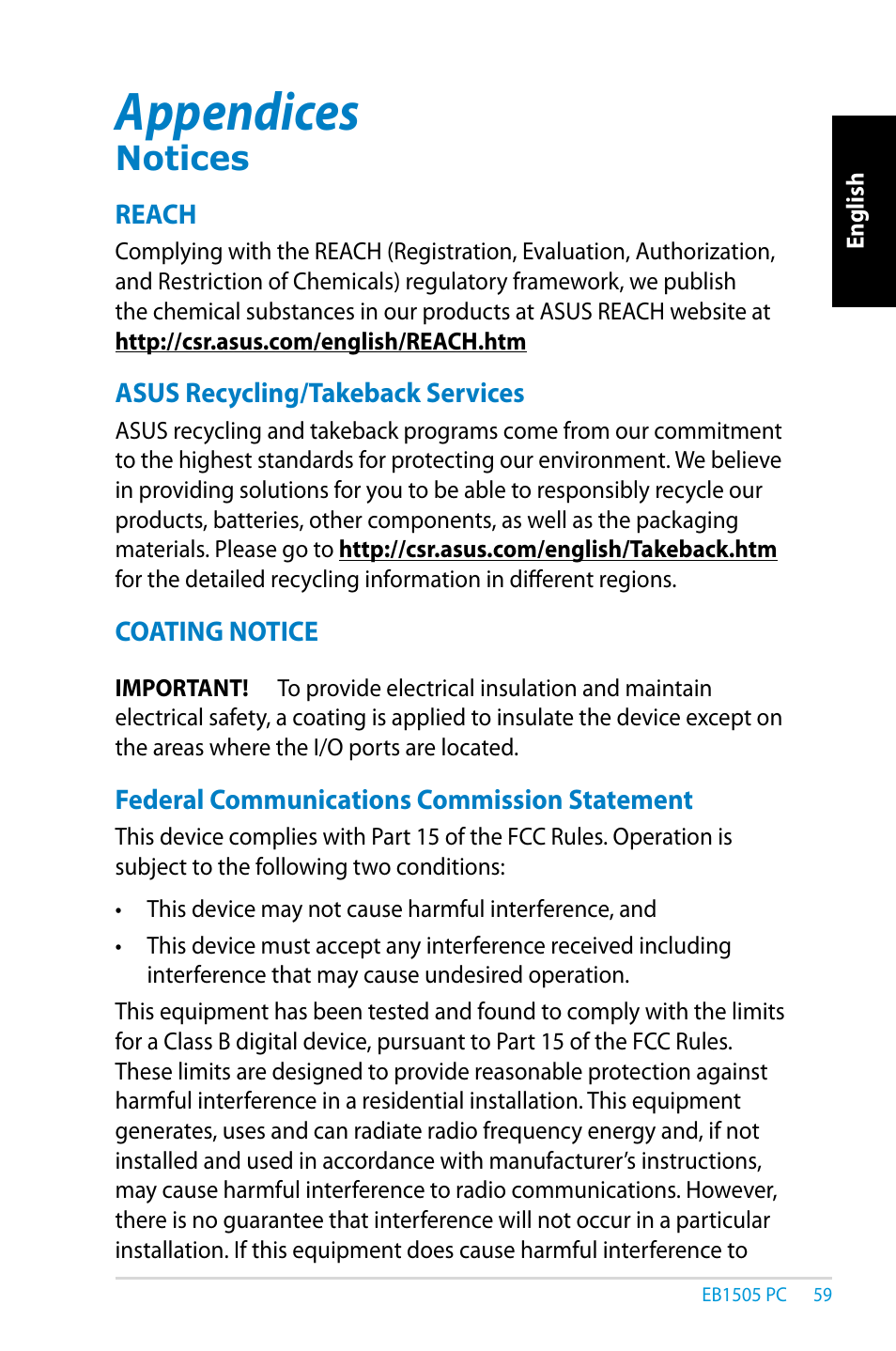 Appendices, Notices, A ppendices | Asus EB1505 User Manual | Page 59 / 66