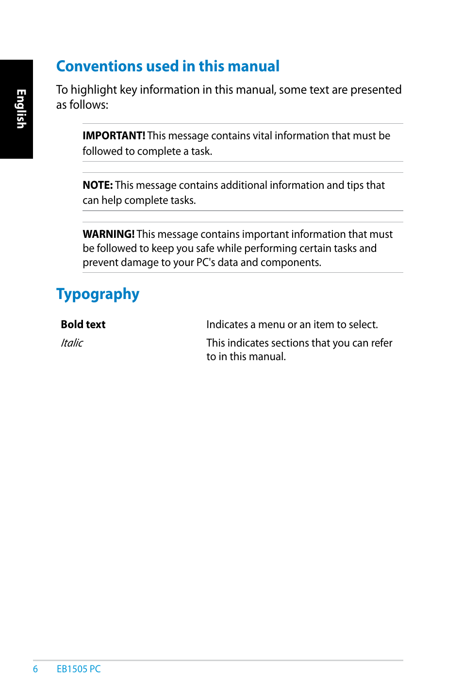 Conventions used in this manual, Typography, Conventions used in this manual typography | Asus EB1505 User Manual | Page 6 / 66