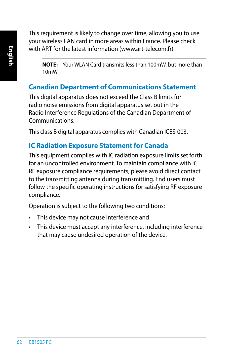 Canadian department of communications statement, Ic radiation exposure statement for canada | Asus EB1505 User Manual | Page 62 / 66